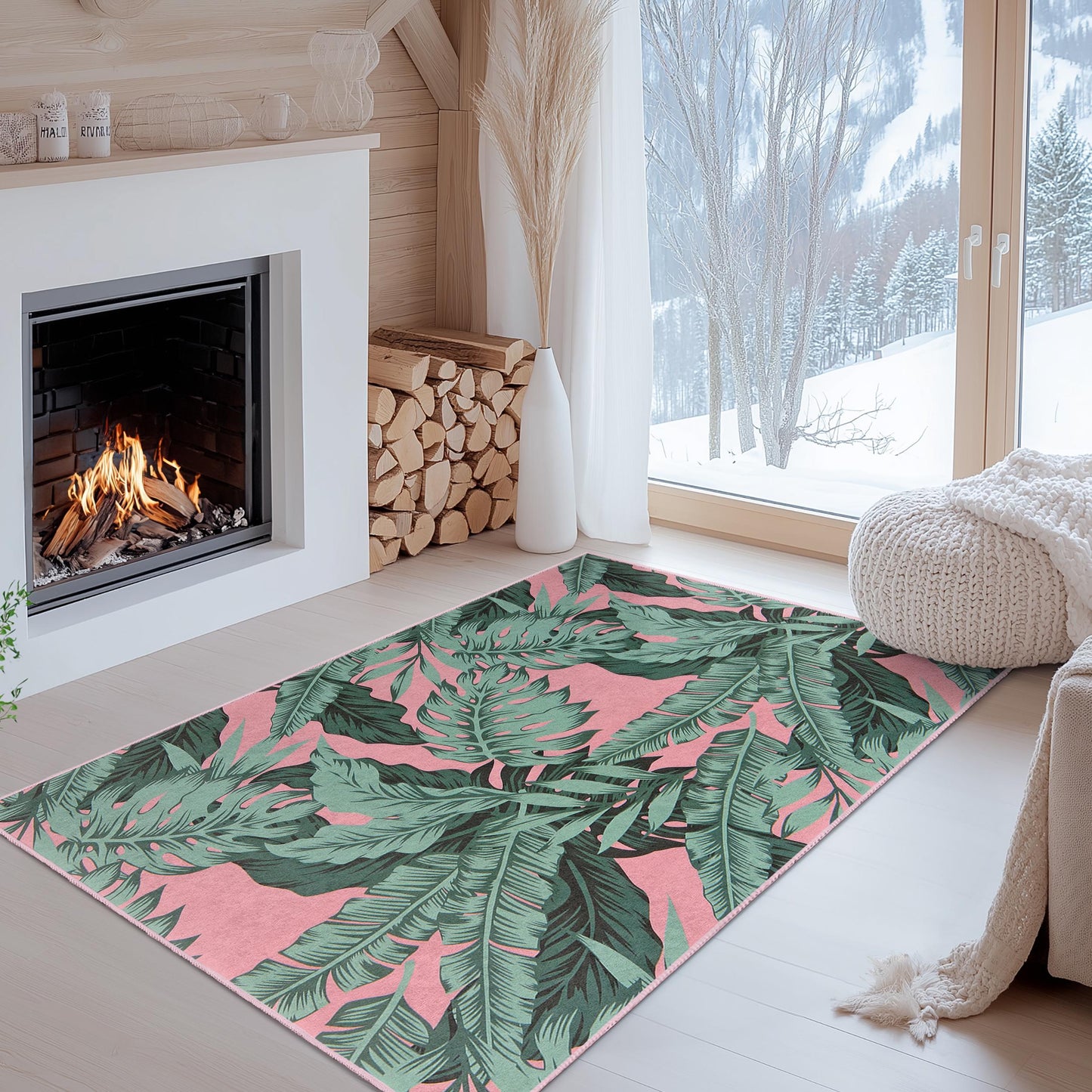 Tropical Leaf Print Decorative Rectangular Area Rug | Stylish Living Room Carpet | Soft and Washable Home Decor