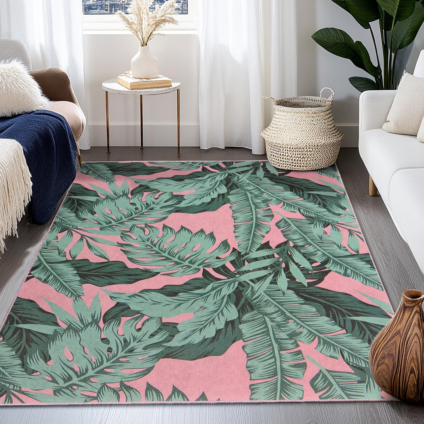 Tropical Leaf Print Decorative Rectangular Area Rug | Stylish Living Room Carpet | Soft and Washable Home Decor