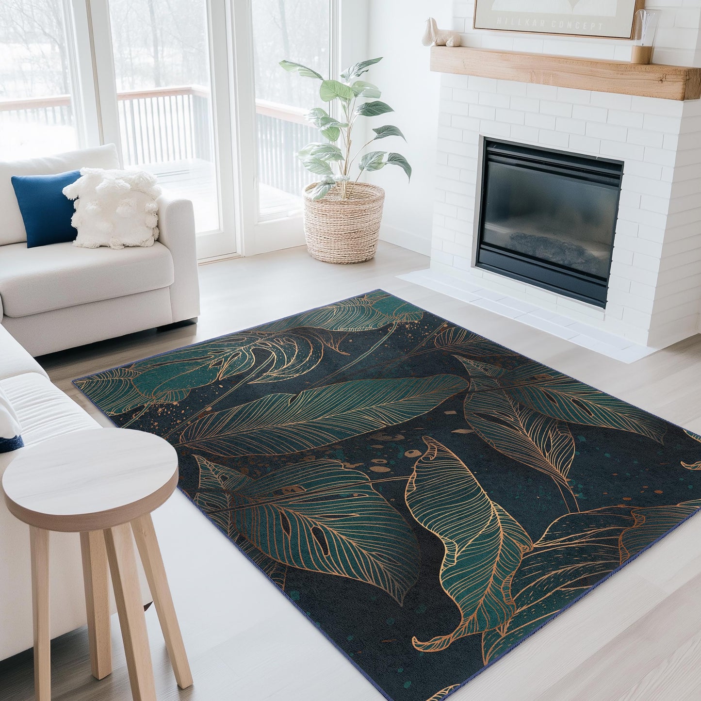 Elegant Leaf Pattern Rectangular Area Rug | Modern Living Room Decor | Soft Cotton Carpet for Home | Stylish Indoor Rug