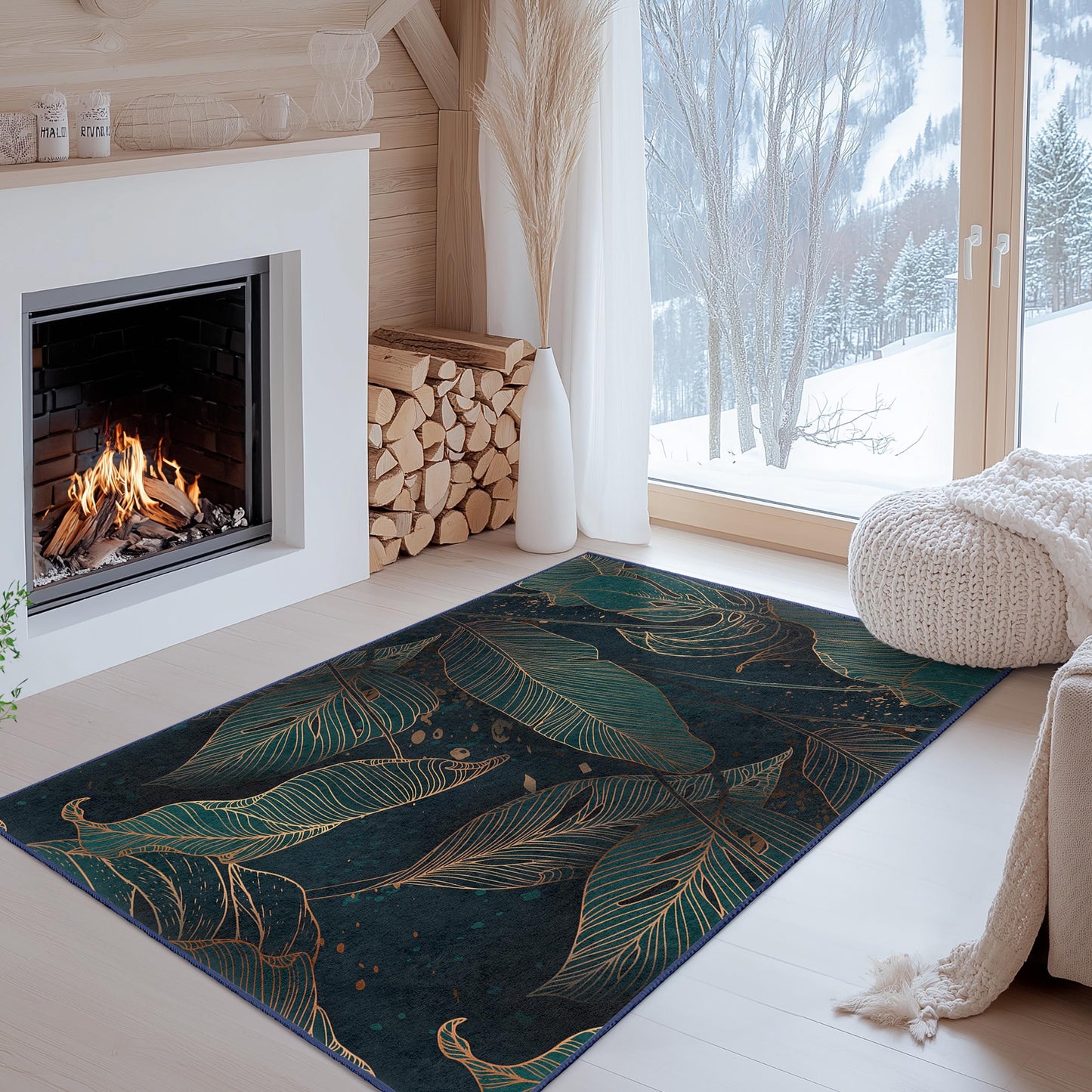 Elegant Leaf Pattern Rectangular Area Rug | Modern Living Room Decor | Soft Cotton Carpet for Home | Stylish Indoor Rug