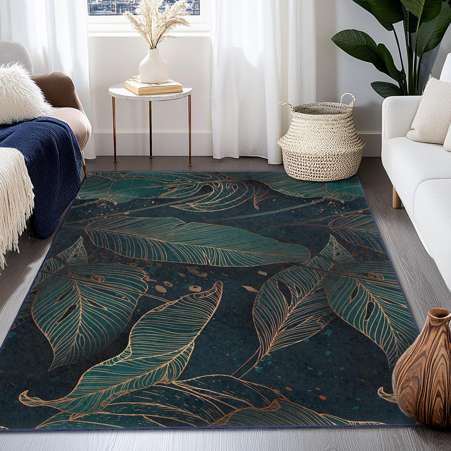 Elegant Leaf Pattern Rectangular Area Rug | Modern Living Room Decor | Soft Cotton Carpet for Home | Stylish Indoor Rug