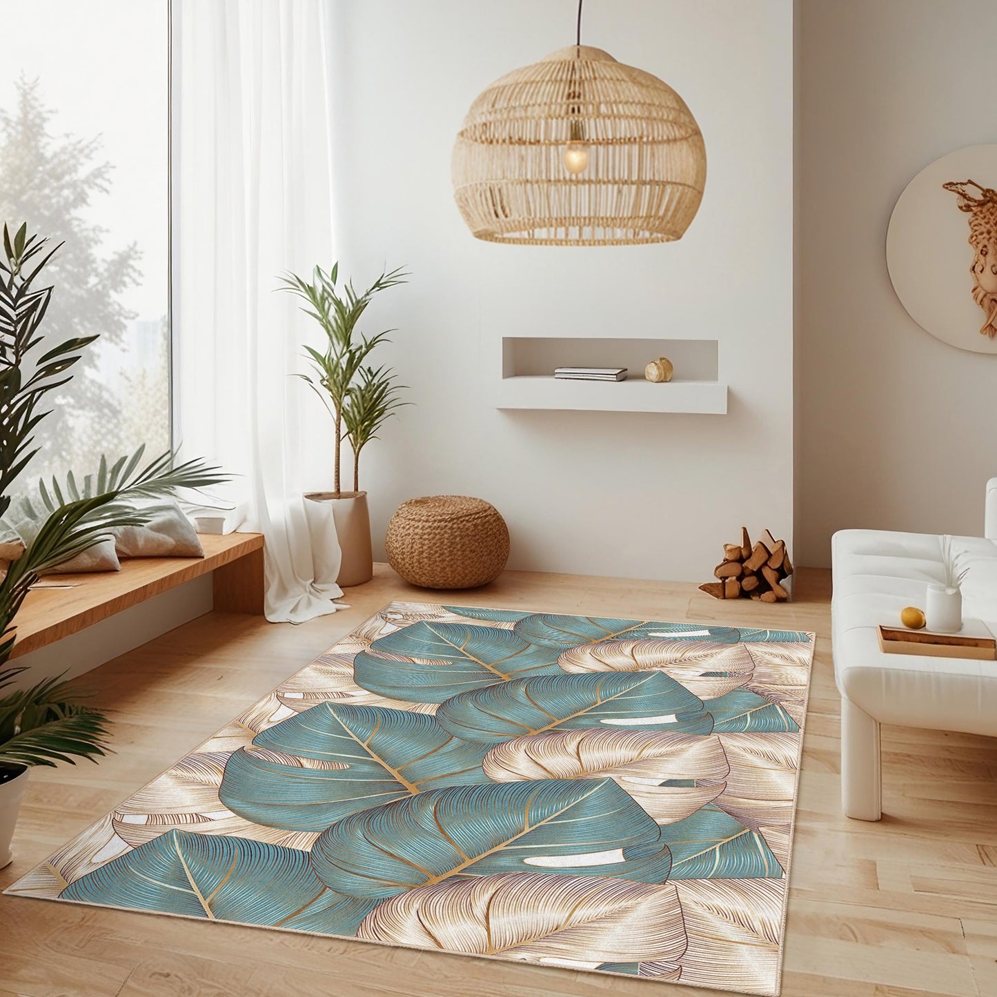 Tropical Inspired Living Room Carpet | Elegant Leaf Pattern Rectangular Area Rug | Soft Decorative Floor Mat