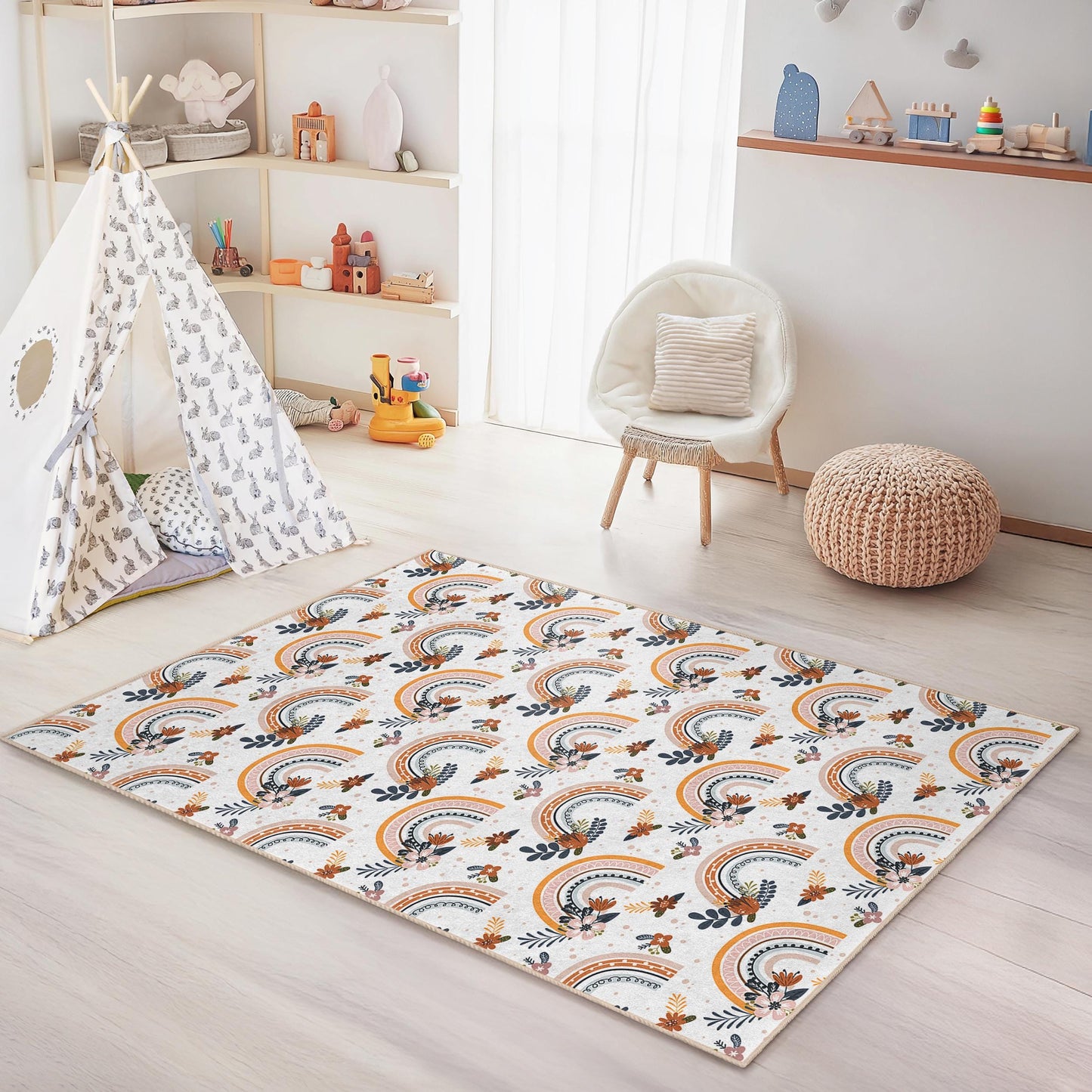 Rainbow Floral Kids Rug: Soft Playroom Carpet, Nursery Decor
