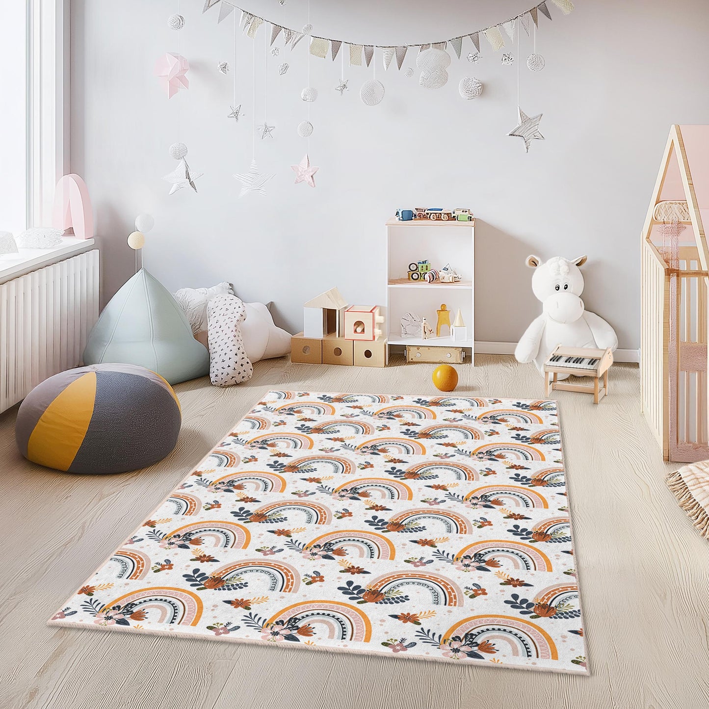 Rainbow Floral Kids Rug: Soft Playroom Carpet, Nursery Decor