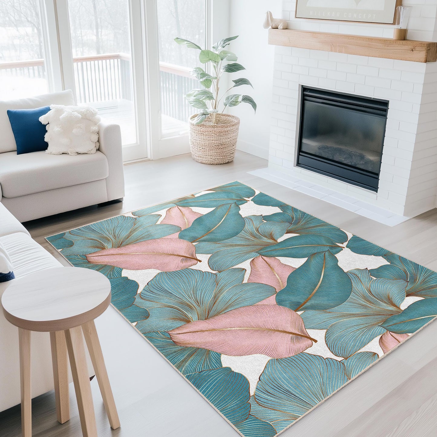 Tropical Leaves Patterned Rectangular Area Rug | Elegant Living Room Decor | Soft Cotton Carpet for Home | Stylish Indoor Mat