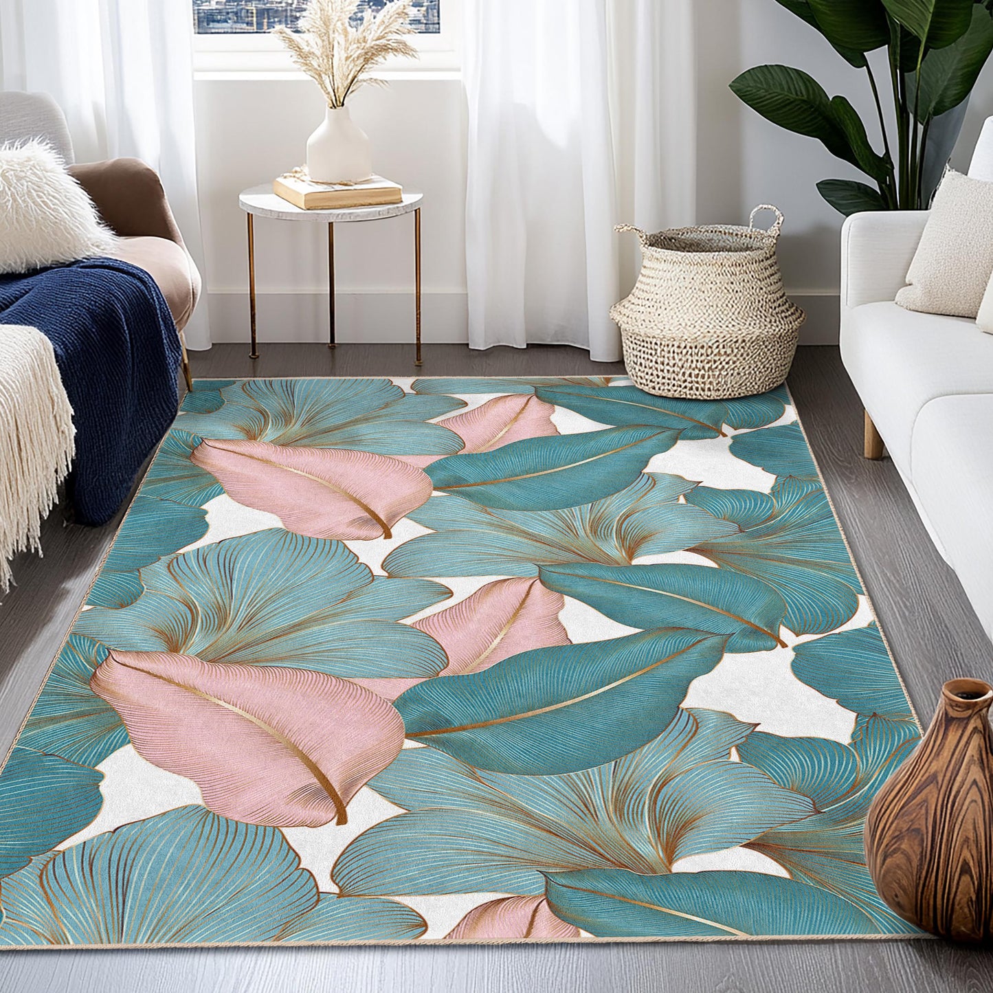 Tropical Leaves Patterned Rectangular Area Rug | Elegant Living Room Decor | Soft Cotton Carpet for Home | Stylish Indoor Mat