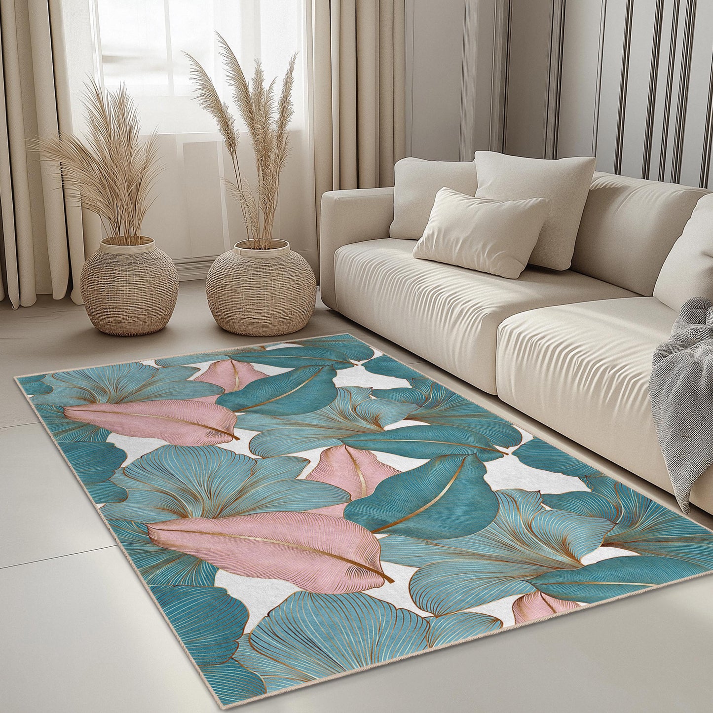 Tropical Leaves Patterned Rectangular Area Rug | Elegant Living Room Decor | Soft Cotton Carpet for Home | Stylish Indoor Mat