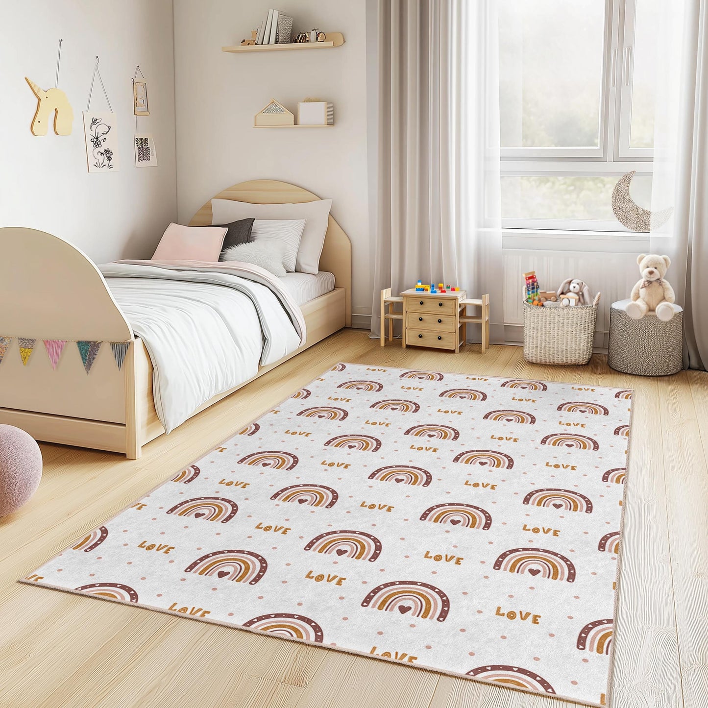 Rainbow Love Kids Rug: Personalized Playroom Carpet