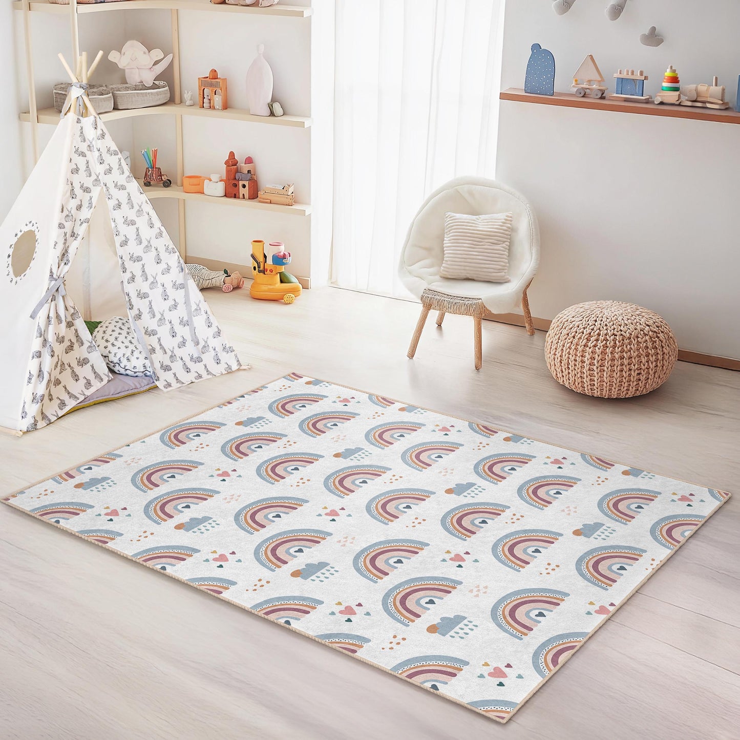 Pastel Rainbow Kids Rug: Soft Playroom Nursery Carpet