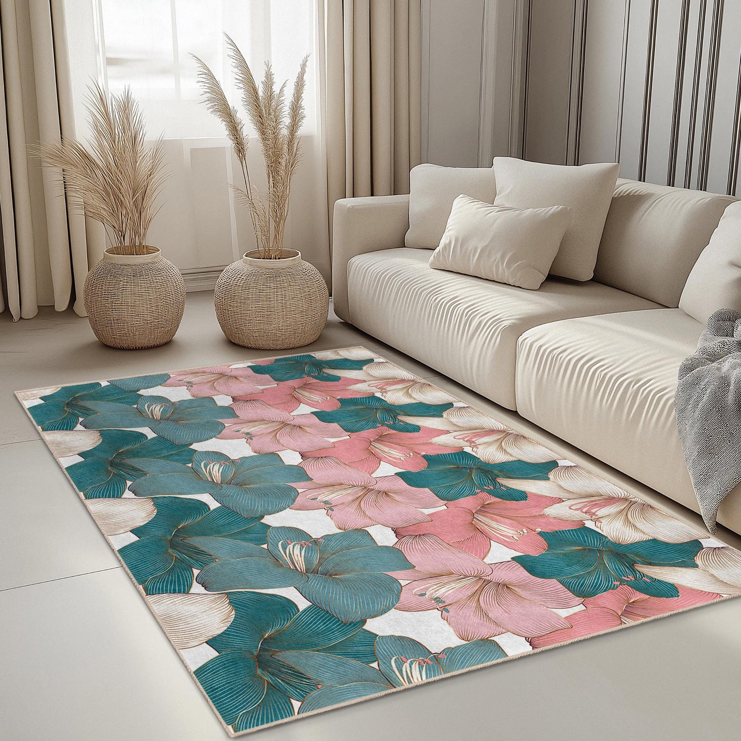 Soft Cotton Living Room Carpet | Elegant Floral Pattern Rectangular Rug | Decorative Area Rug for Home Decor | Vibrant Flower Design