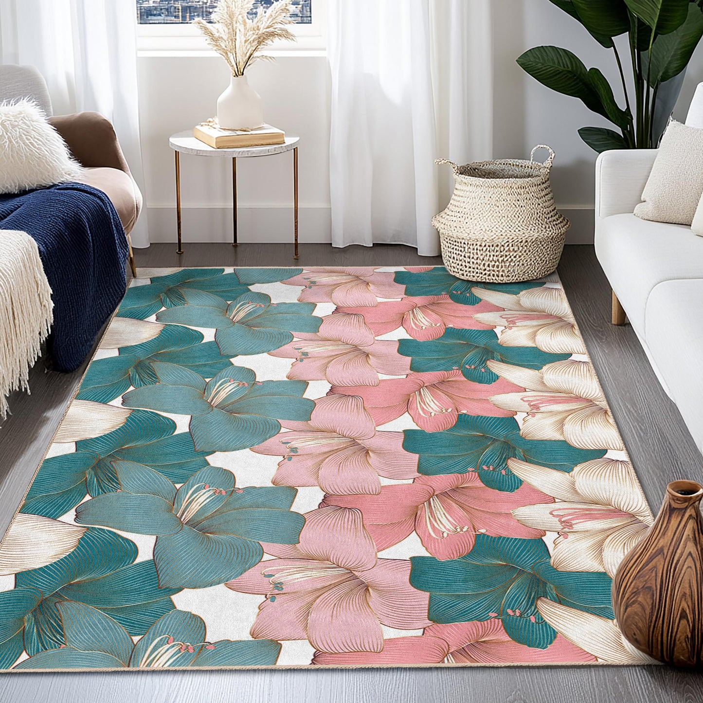 Soft Cotton Living Room Carpet | Elegant Floral Pattern Rectangular Rug | Decorative Area Rug for Home Decor | Vibrant Flower Design
