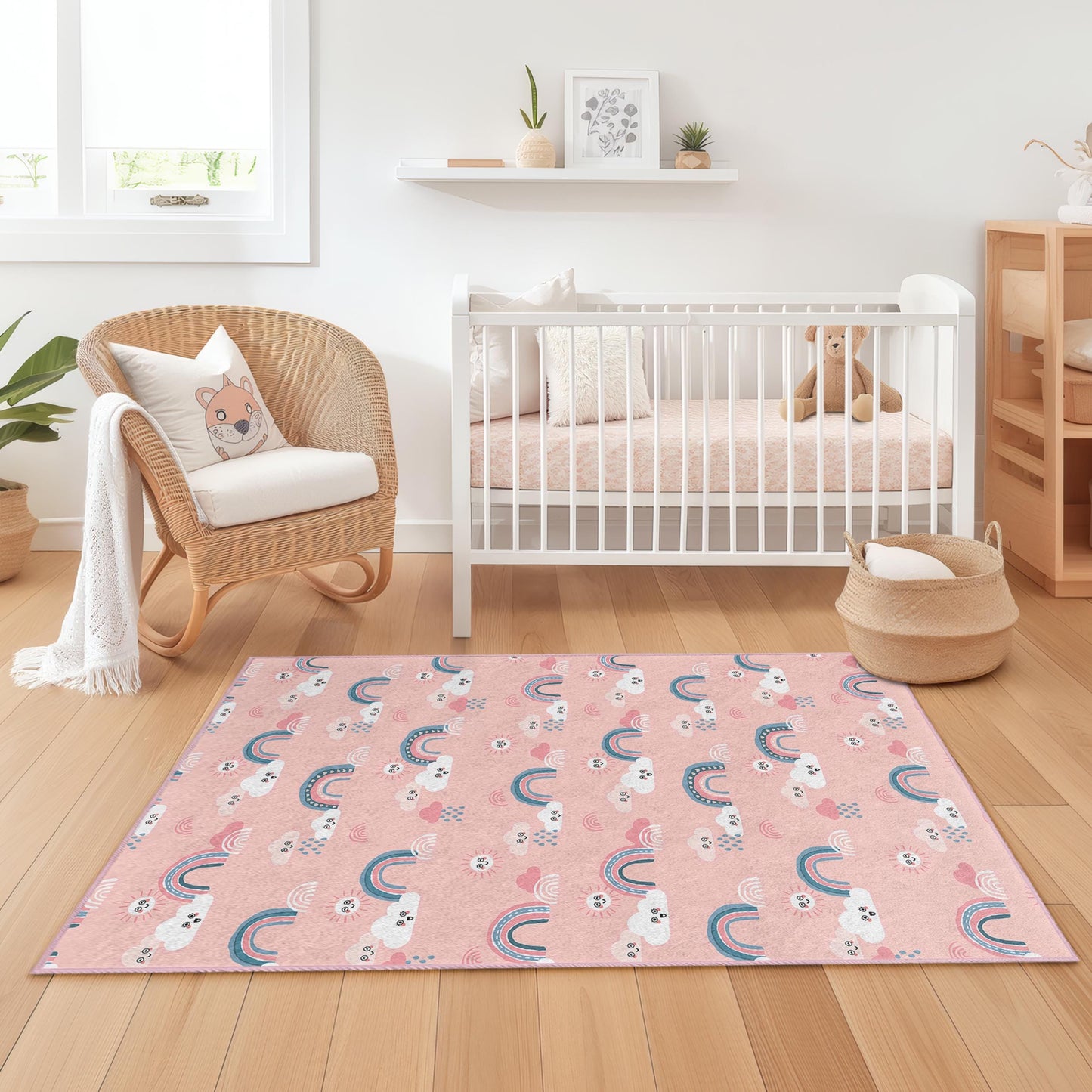 Rainbow Clouds Kids Rug: Pastel Nursery Playroom Carpet