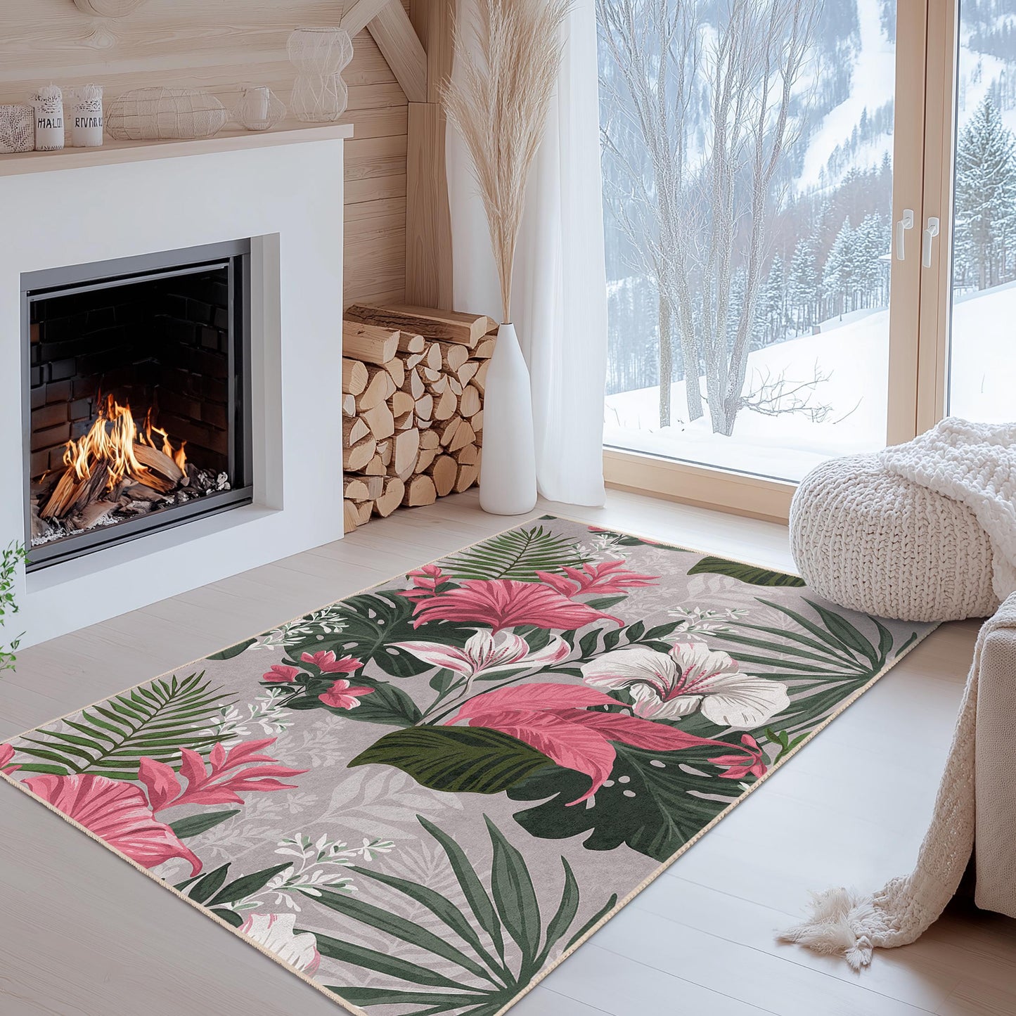 Vibrant Floral Rectangle Rug | Tropical Style Decorative Carpet for Living Room | Stylish Botanical Area Rug