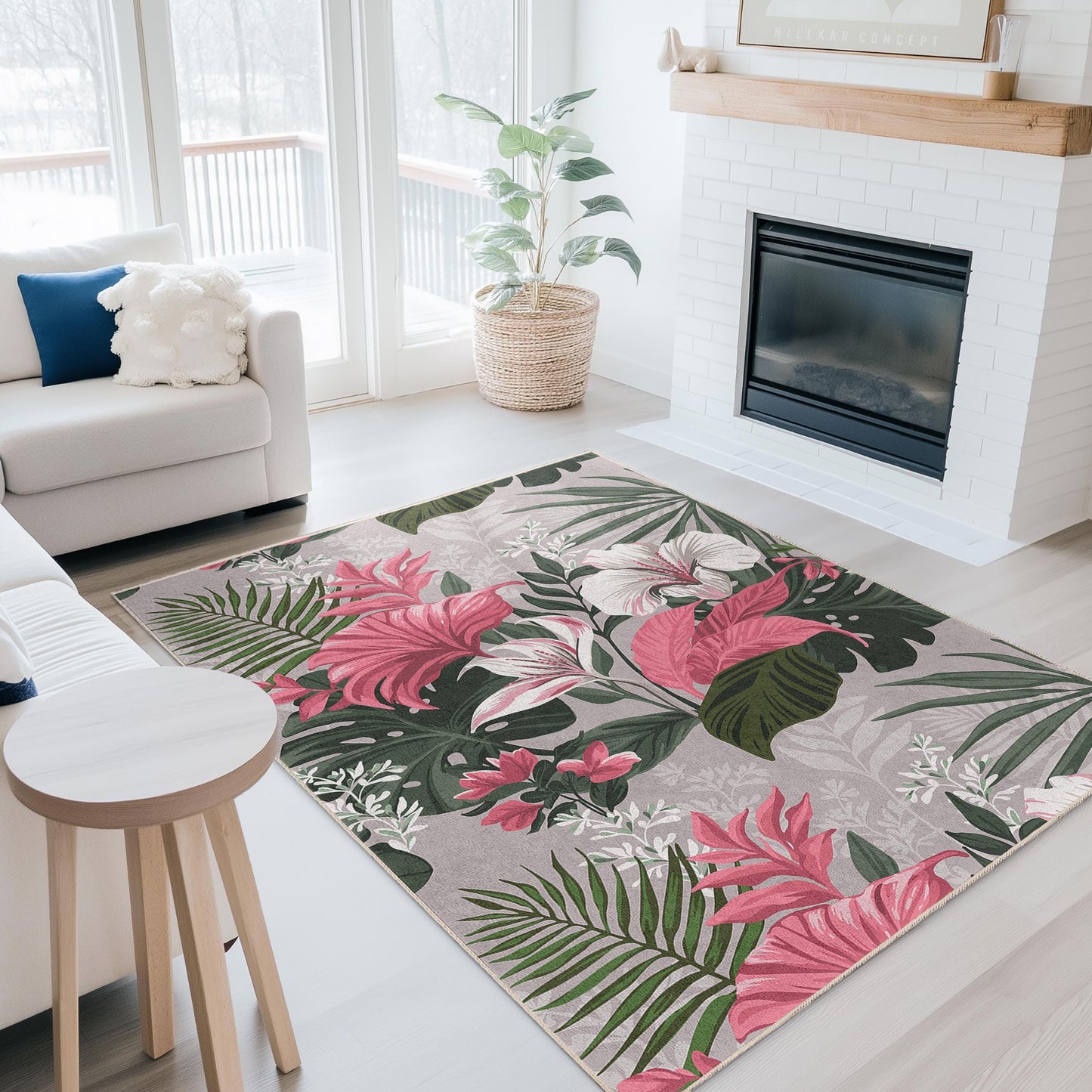 Vibrant Floral Rectangle Rug | Tropical Style Decorative Carpet for Living Room | Stylish Botanical Area Rug