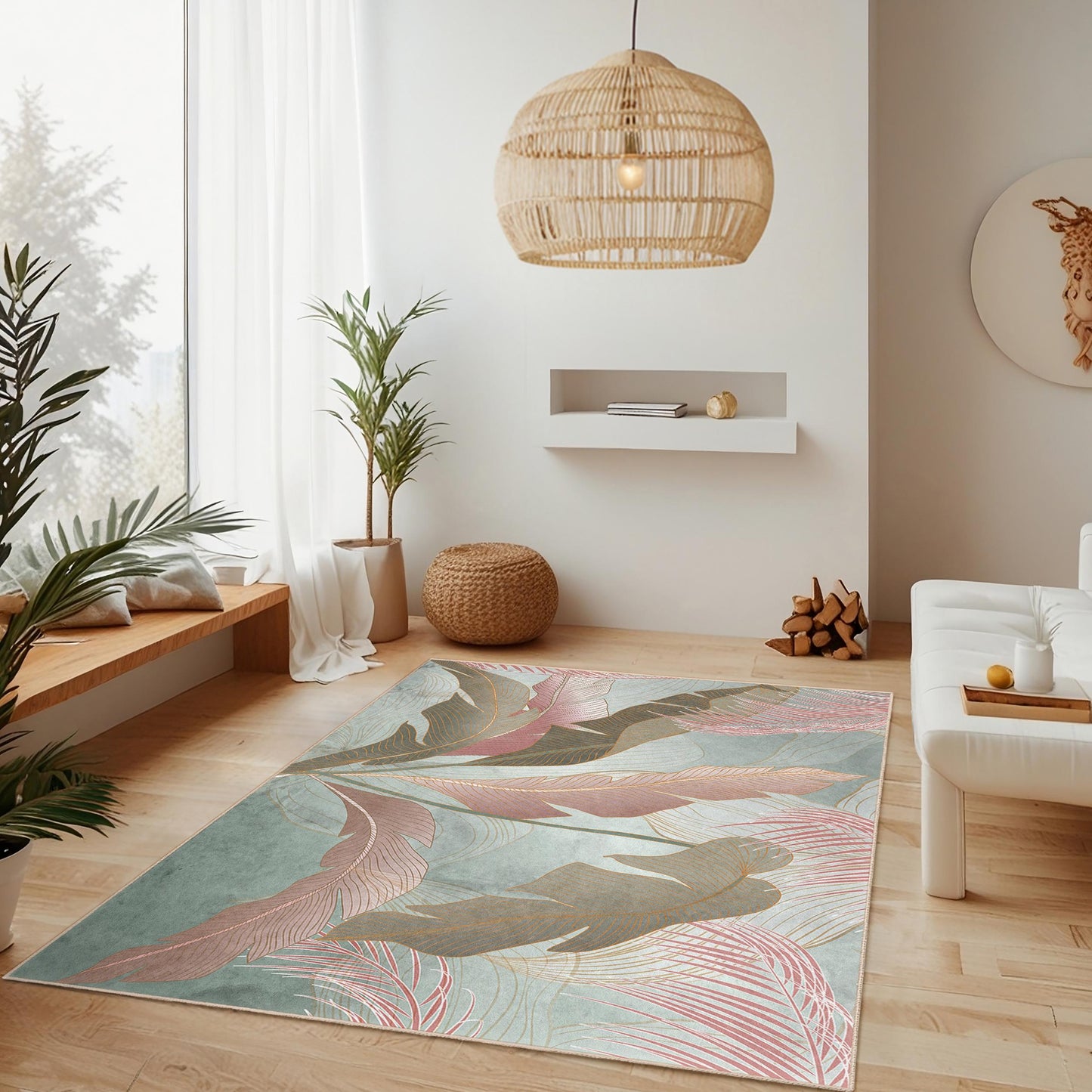 Soft and Washable Floor Mat | Elegant Leaf Pattern Rectangular Area Rug | Stylish Living Room Carpet | Modern Home Decor