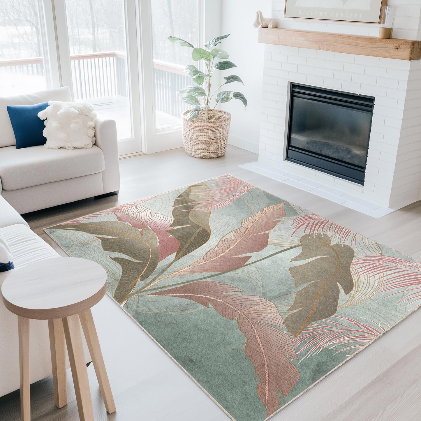 Soft and Washable Floor Mat | Elegant Leaf Pattern Rectangular Area Rug | Stylish Living Room Carpet | Modern Home Decor