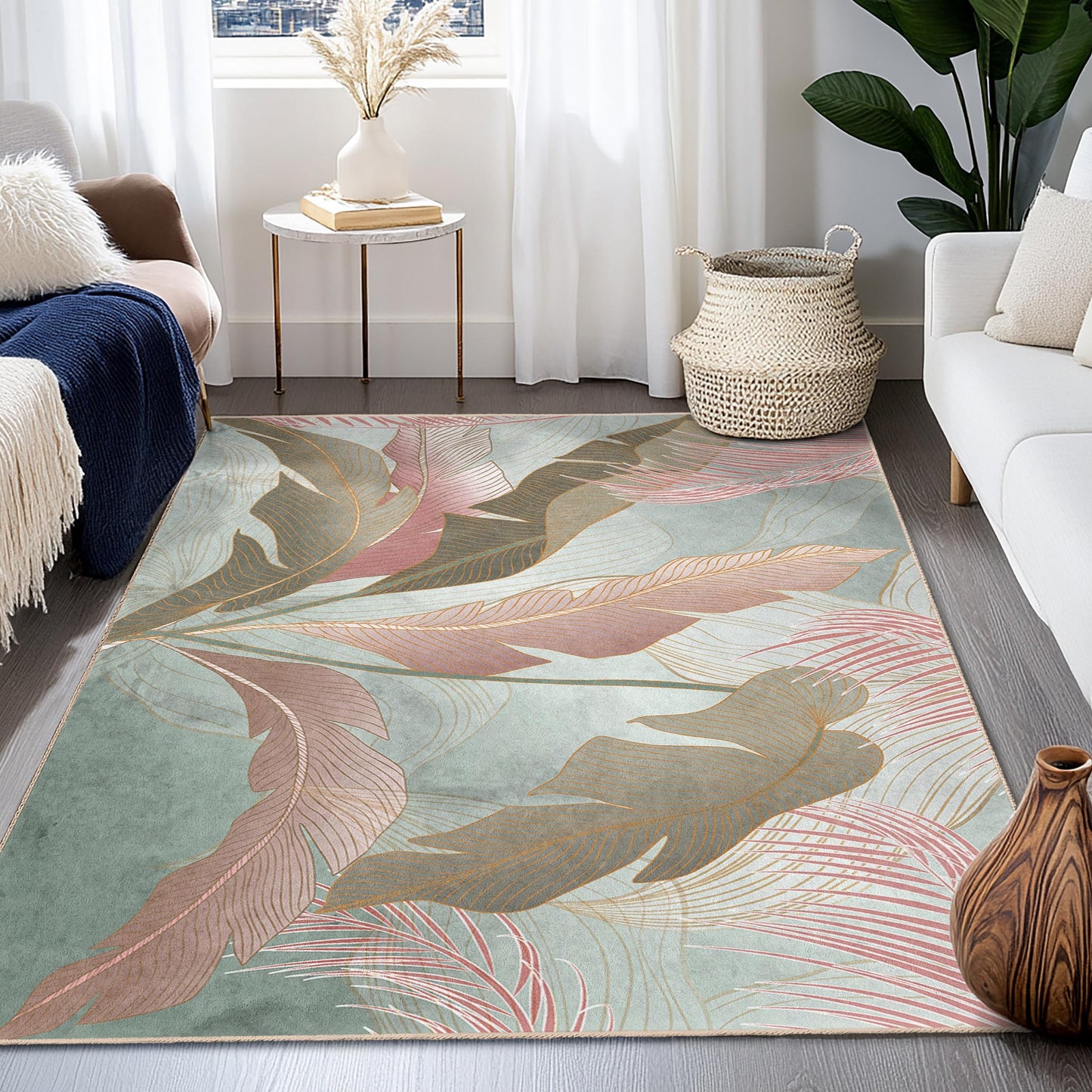 Soft and Washable Floor Mat | Elegant Leaf Pattern Rectangular Area Rug | Stylish Living Room Carpet | Modern Home Decor