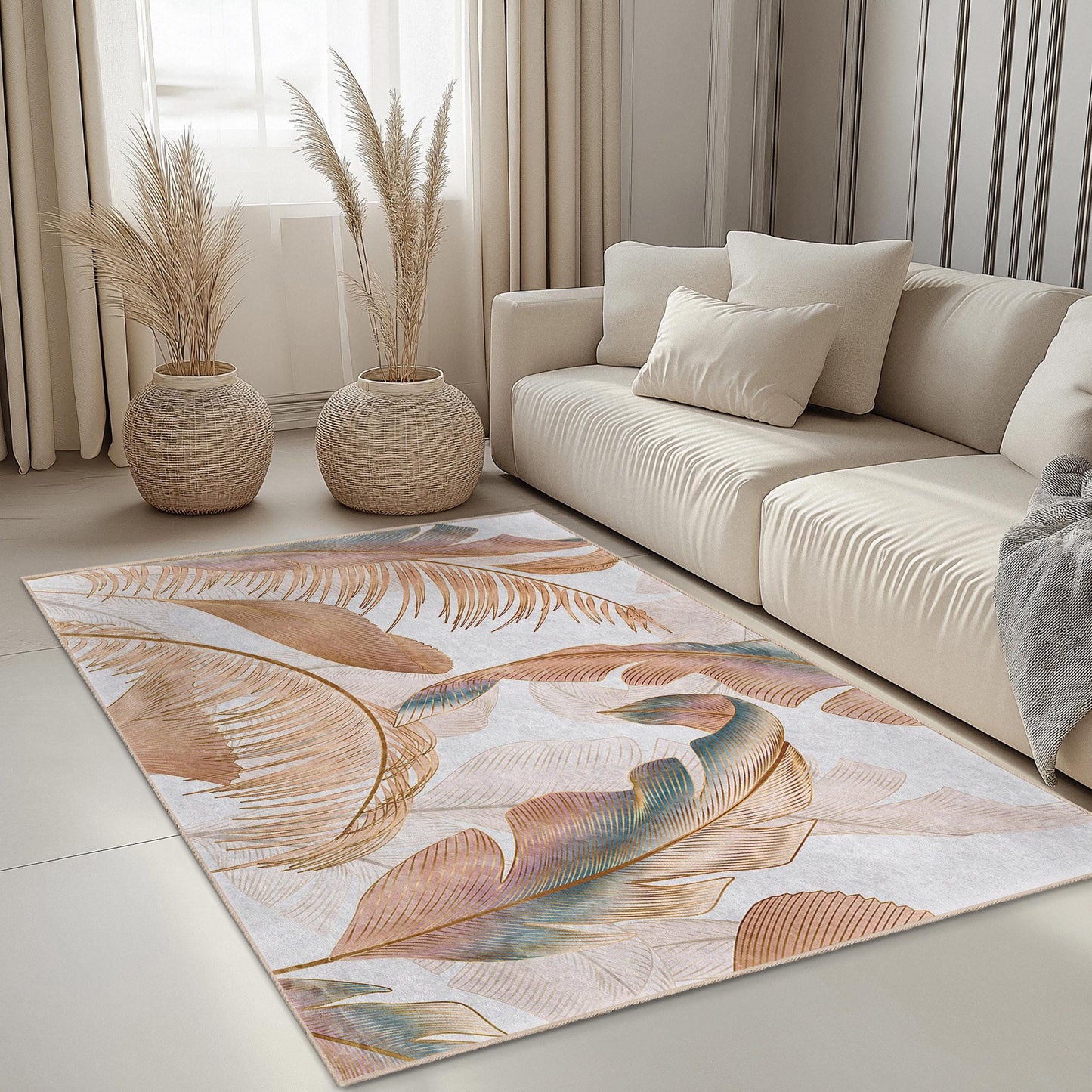 Tropical Leaves Pattern Rectangular Area Rug | Elegant Living Room Carpet | Soft Decorative Floor Mat for Home Decor
