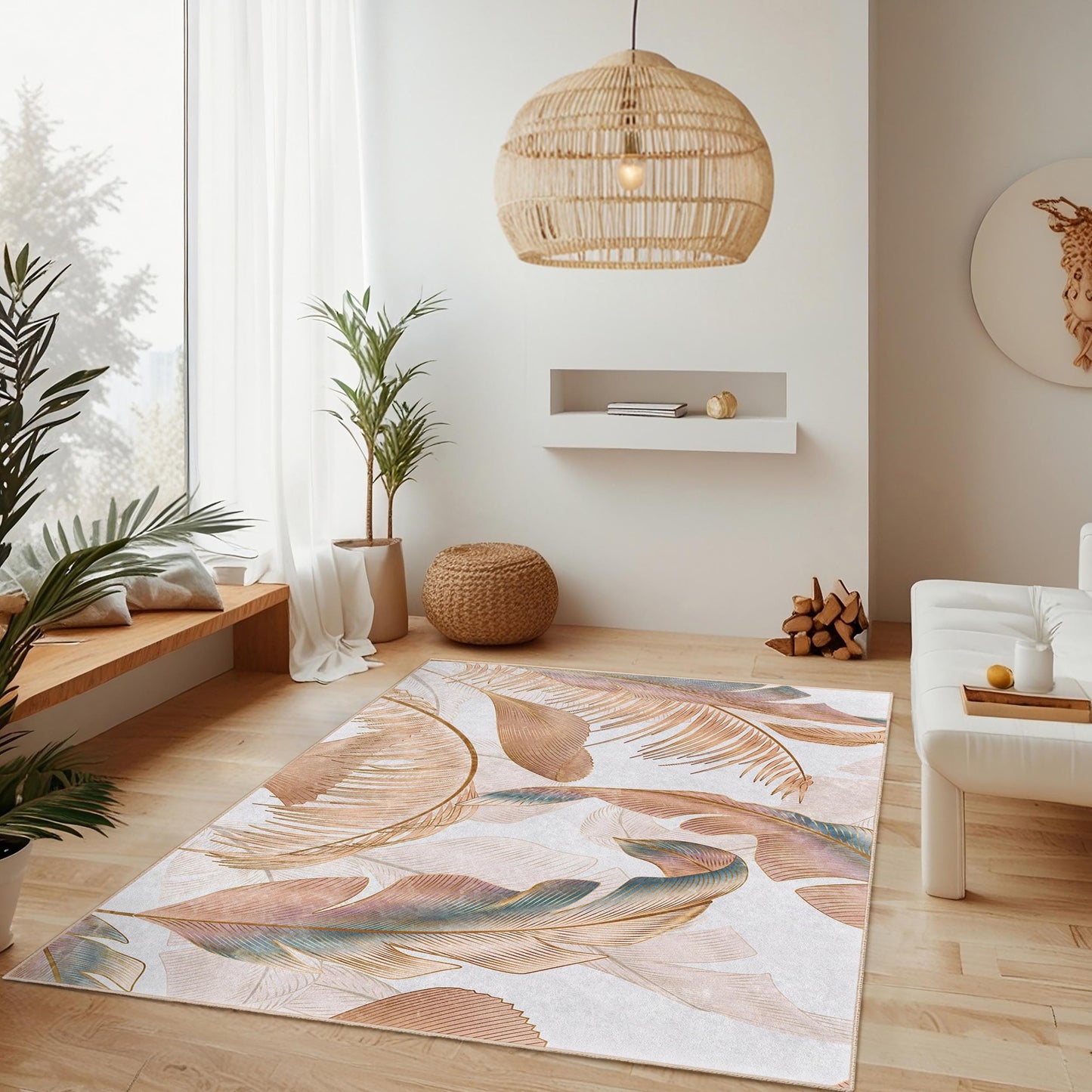 Tropical Leaves Pattern Rectangular Area Rug | Elegant Living Room Carpet | Soft Decorative Floor Mat for Home Decor