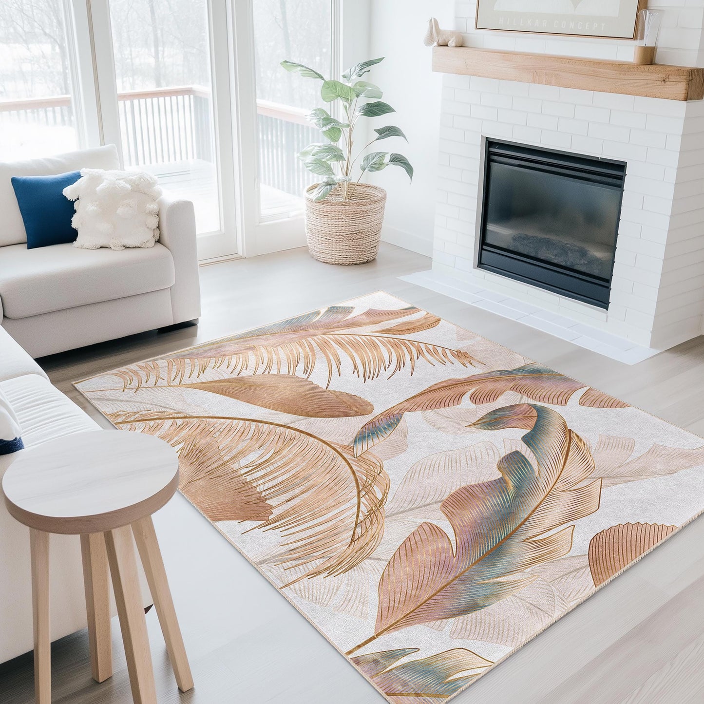 Tropical Leaves Pattern Rectangular Area Rug | Elegant Living Room Carpet | Soft Decorative Floor Mat for Home Decor