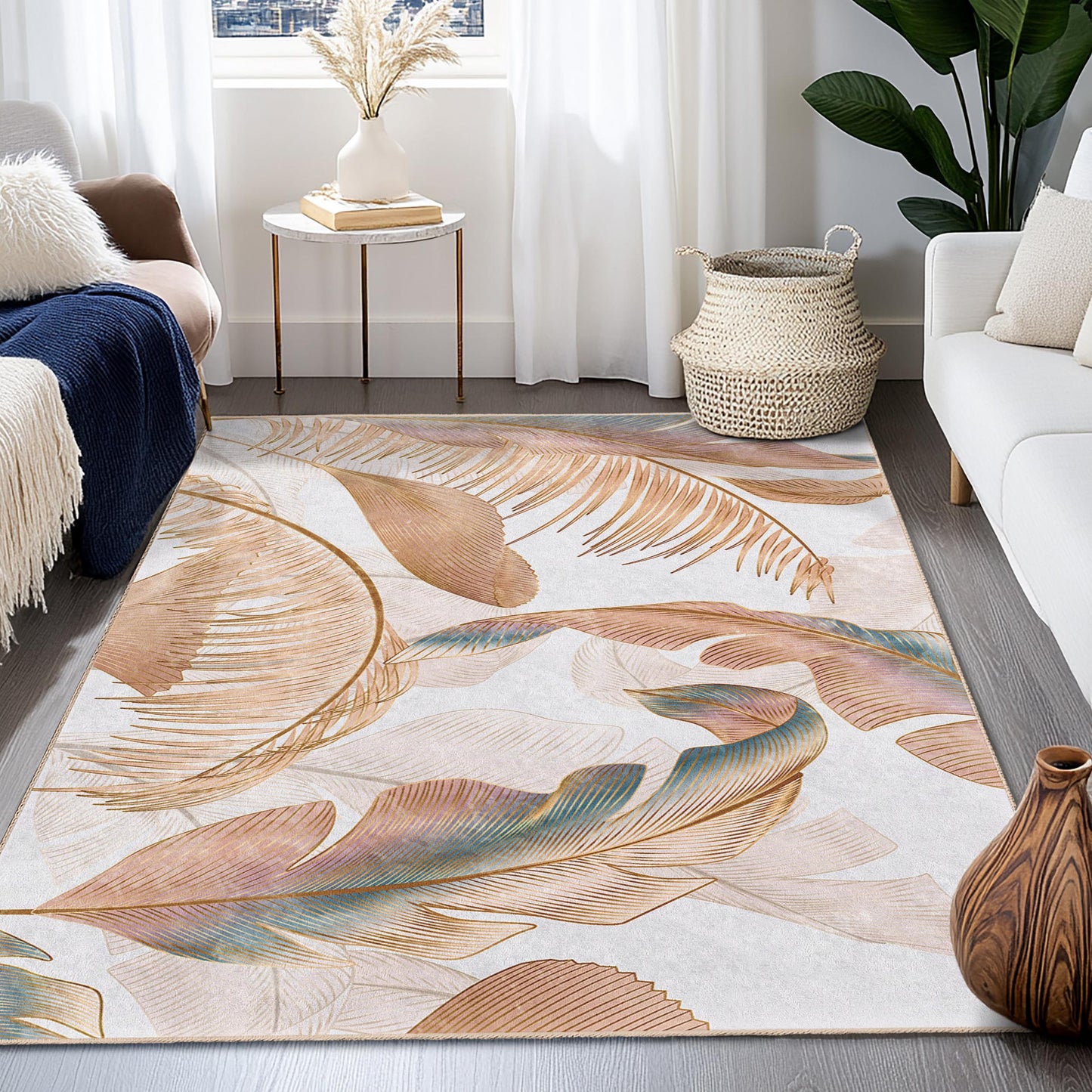 Tropical Leaves Pattern Rectangular Area Rug | Elegant Living Room Carpet | Soft Decorative Floor Mat for Home Decor