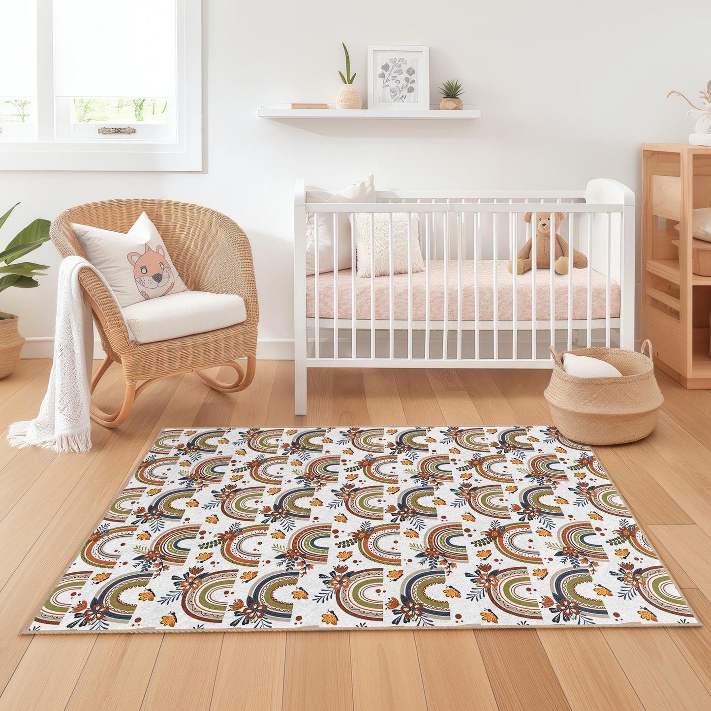 Rainbow Floral Kids Rug: Soft Playroom Nursery Carpet