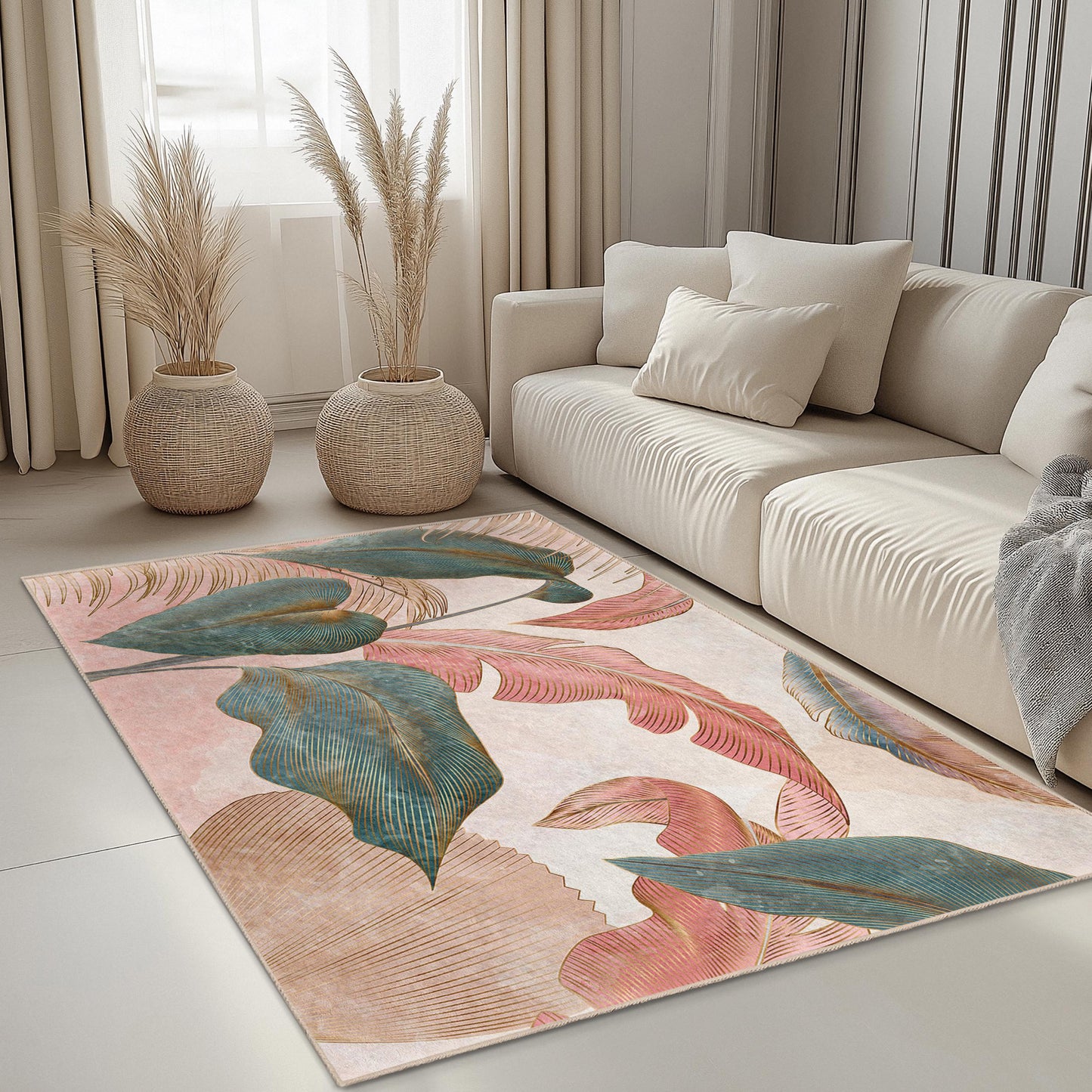 Elegant Tropical Leaves Rectangular Area Rug | Decorative Living Room Carpet | Soft Cotton Home Dcor | Stylish Leaf Print Rug