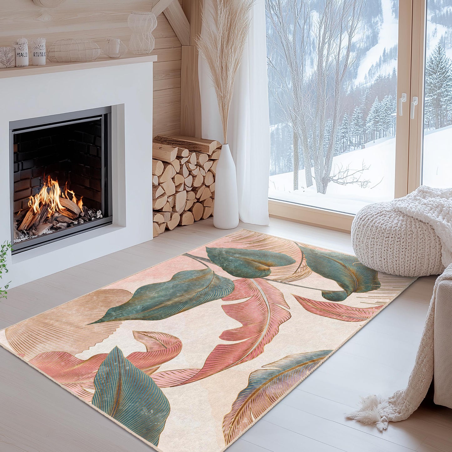 Elegant Tropical Leaves Rectangular Area Rug | Decorative Living Room Carpet | Soft Cotton Home Dcor | Stylish Leaf Print Rug