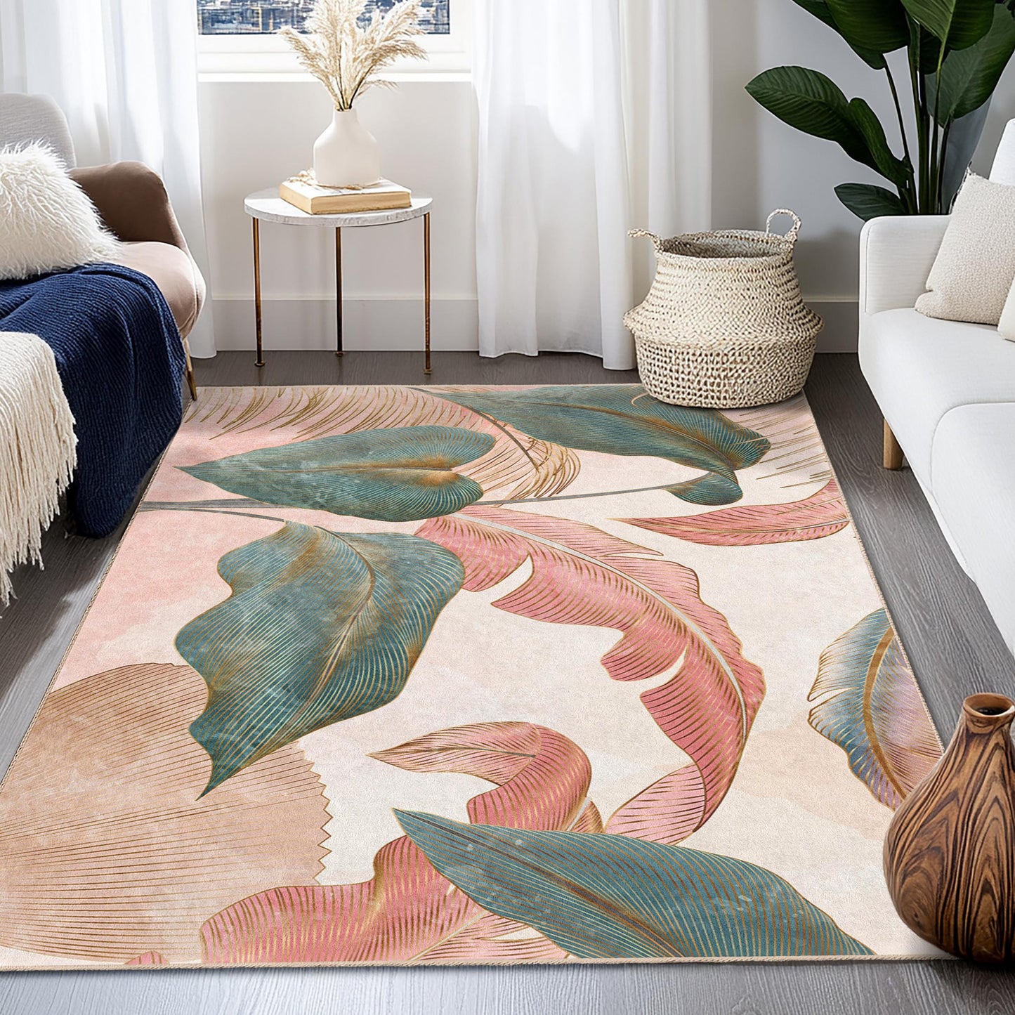 Elegant Tropical Leaves Rectangular Area Rug | Decorative Living Room Carpet | Soft Cotton Home Dcor | Stylish Leaf Print Rug
