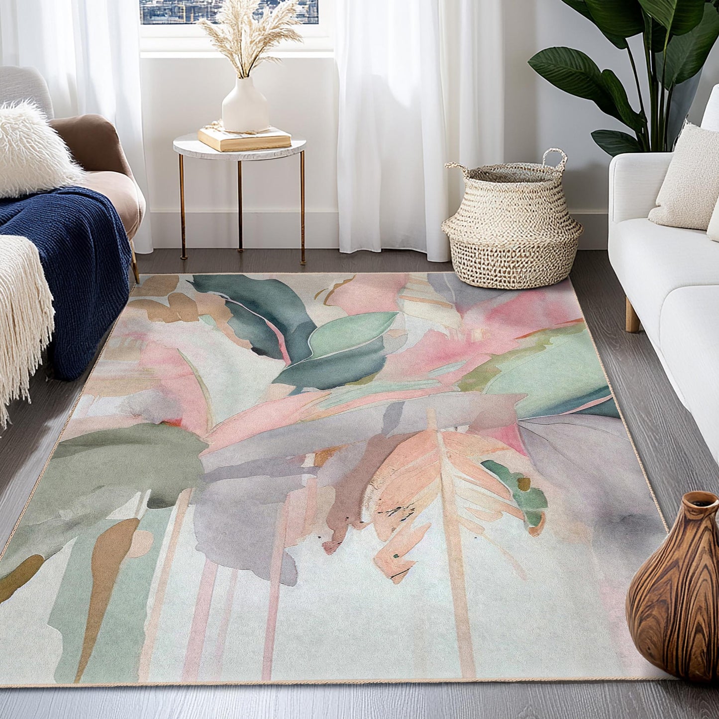 Elegant Floral Rectangular Area Rug | Soft Cotton Decorative Carpet for Living Room | Stylish Home Decor with Leaf Design