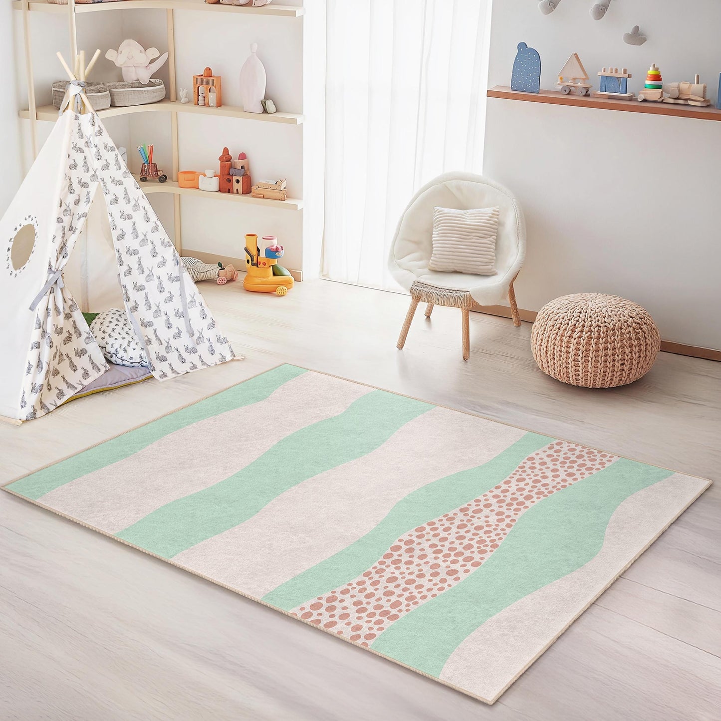 Pastel Waves Kids Rug: Soft Nursery Playroom Carpet