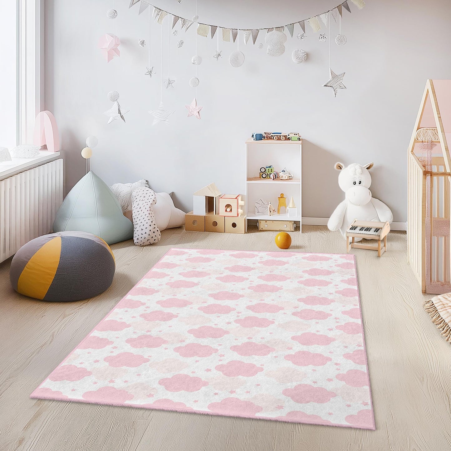 Soft Pink Cloud Kids Rug: Nursery Playroom Carpet