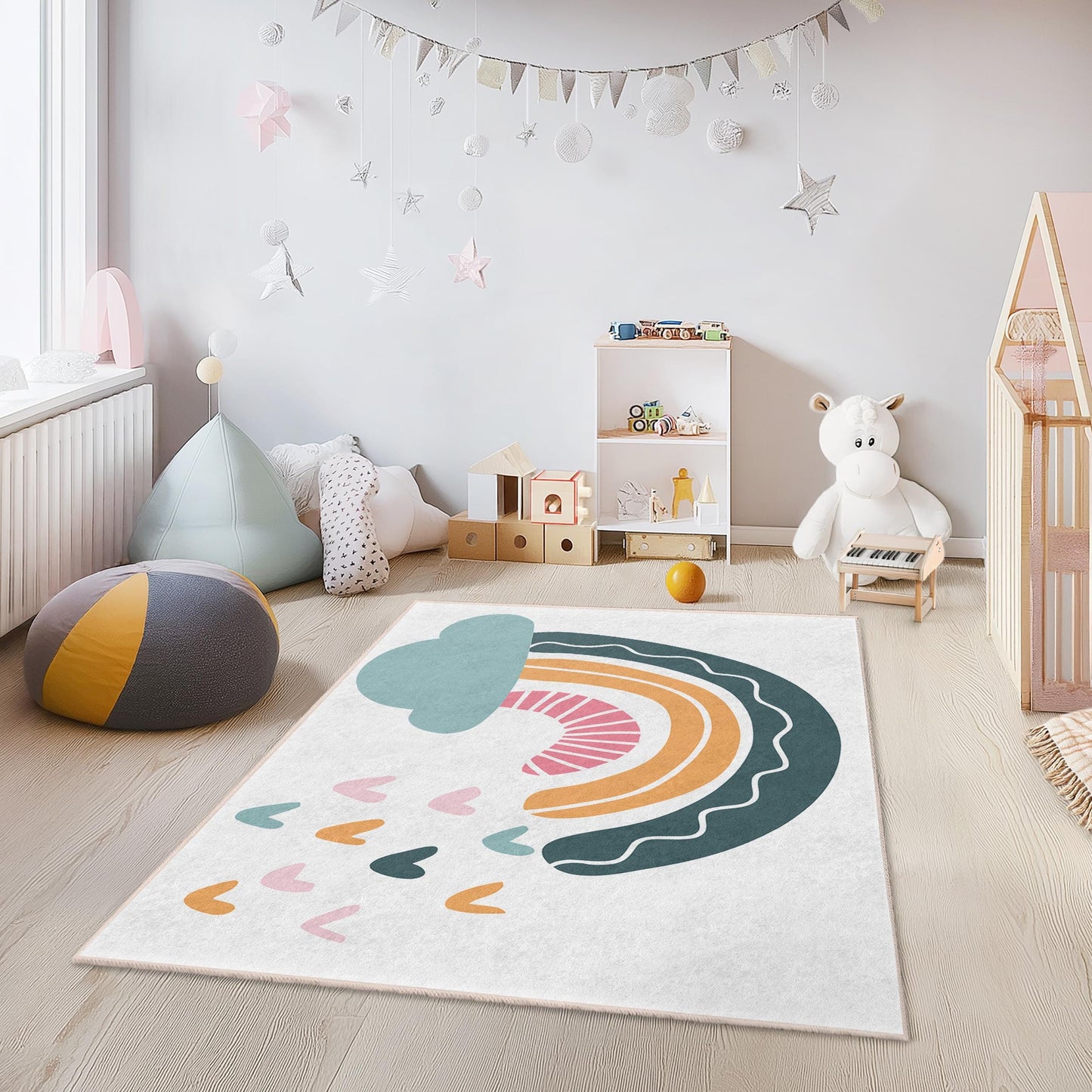 Rainbow Clouds Kids Rug: Colorful Nursery Playroom Carpet