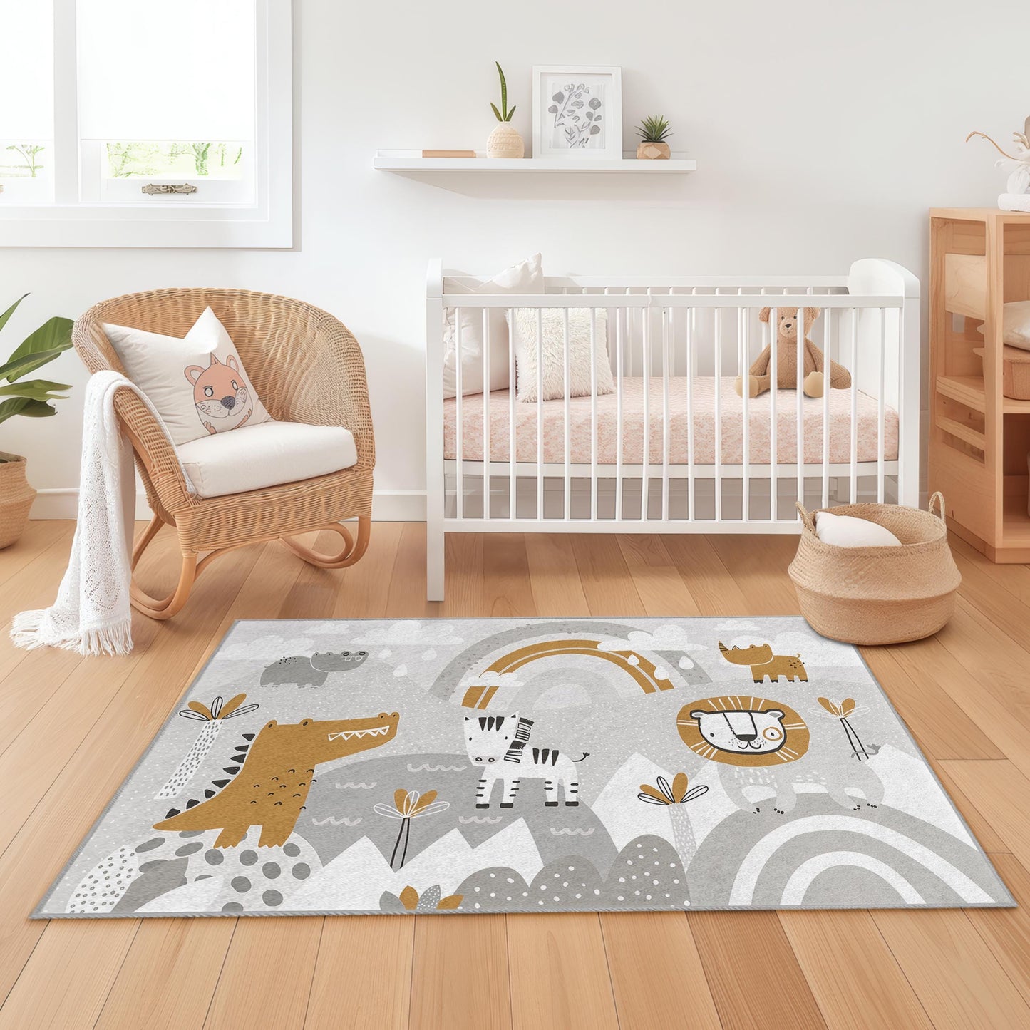 Safari Adventure Kids Rug: Playroom Animal Print, Soft & Safe