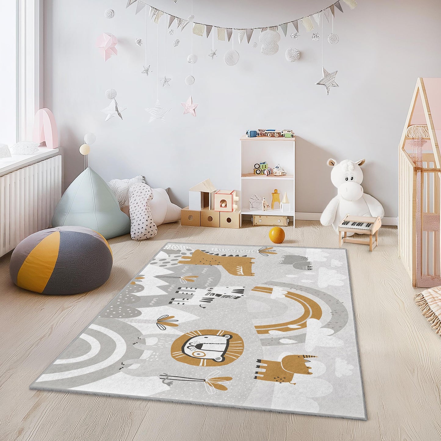 Safari Adventure Kids Rug: Playroom Animal Print, Soft & Safe