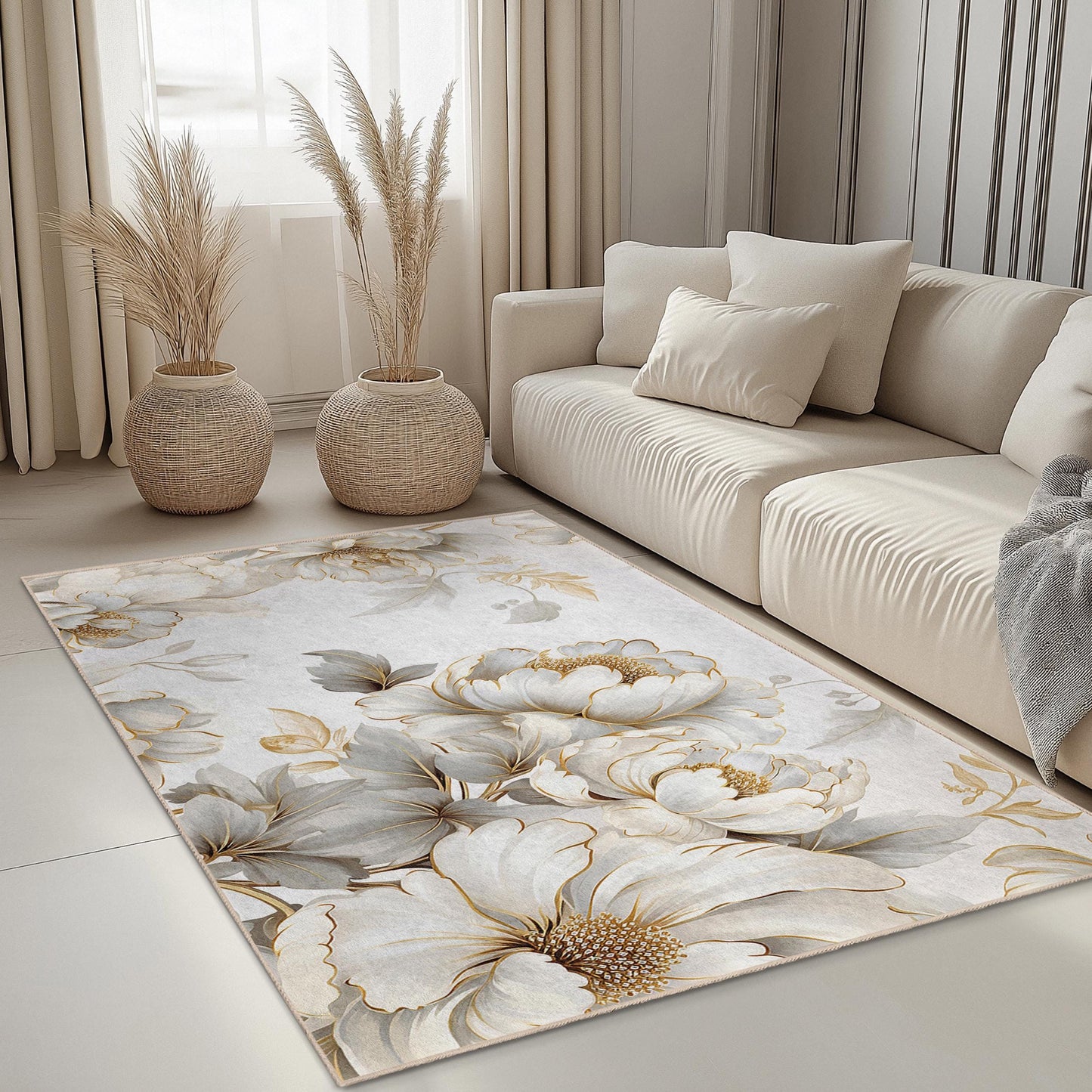 Elegant Floral Design Rectangular Area Rug | Soft Cotton Carpet for Living Room | Luxurious Home Decor | Machine Washable Rug