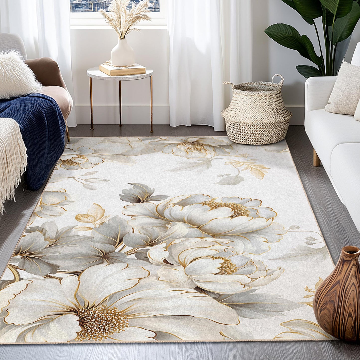 Elegant Floral Design Rectangular Area Rug | Soft Cotton Carpet for Living Room | Luxurious Home Decor | Machine Washable Rug
