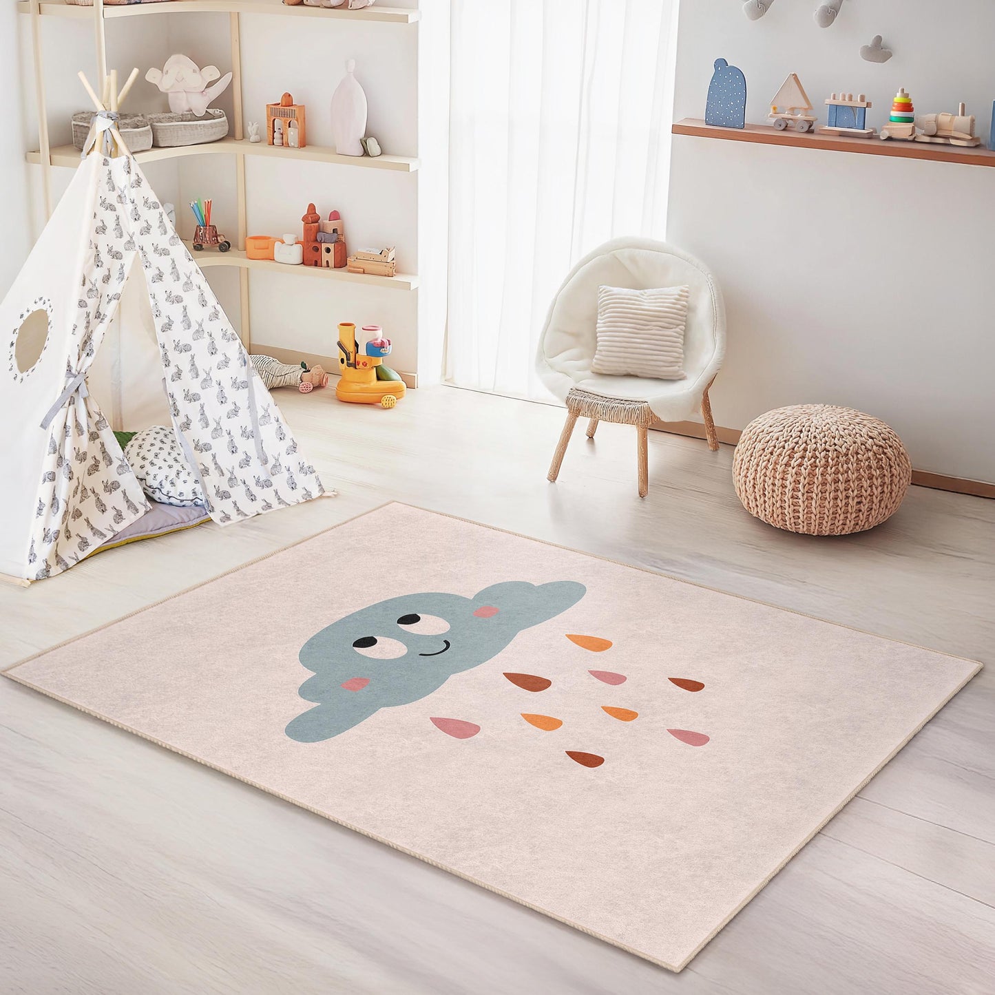 Cloud Rain Kids Rug: Soft Nursery Playroom Carpet