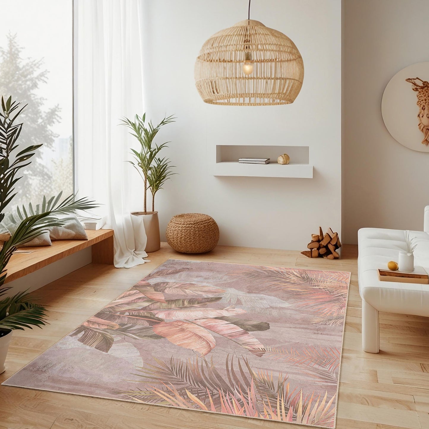 Tropical Leaves Pattern Rectangular Rug | Soft Cotton Area Carpet | Elegant Living Room Decor | Beautiful Botanical Floor Mat