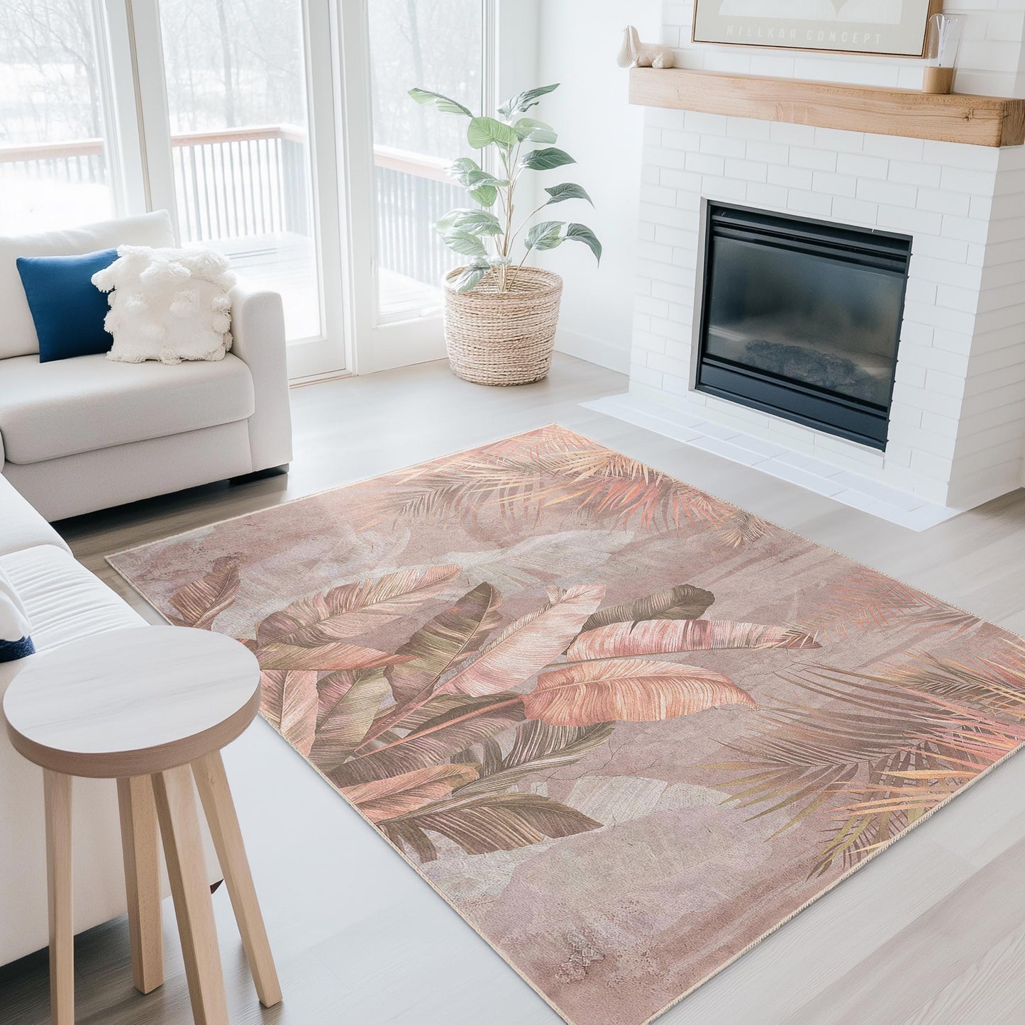 Tropical Leaves Pattern Rectangular Rug | Soft Cotton Area Carpet | Elegant Living Room Decor | Beautiful Botanical Floor Mat