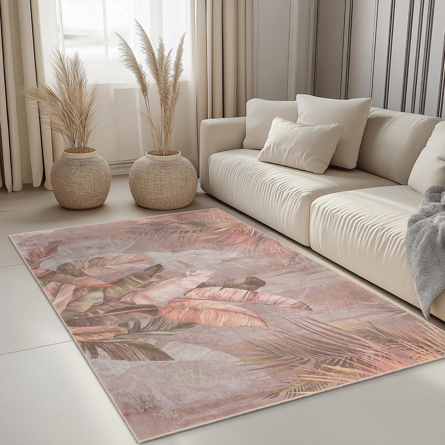 Tropical Leaves Pattern Rectangular Rug | Soft Cotton Area Carpet | Elegant Living Room Decor | Beautiful Botanical Floor Mat