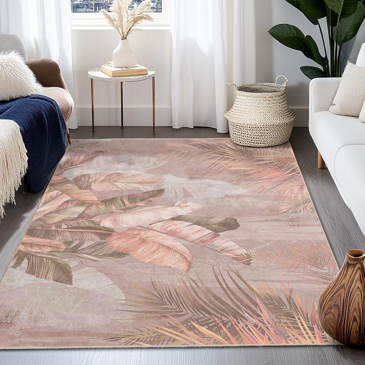 Tropical Leaves Pattern Rectangular Rug | Soft Cotton Area Carpet | Elegant Living Room Decor | Beautiful Botanical Floor Mat