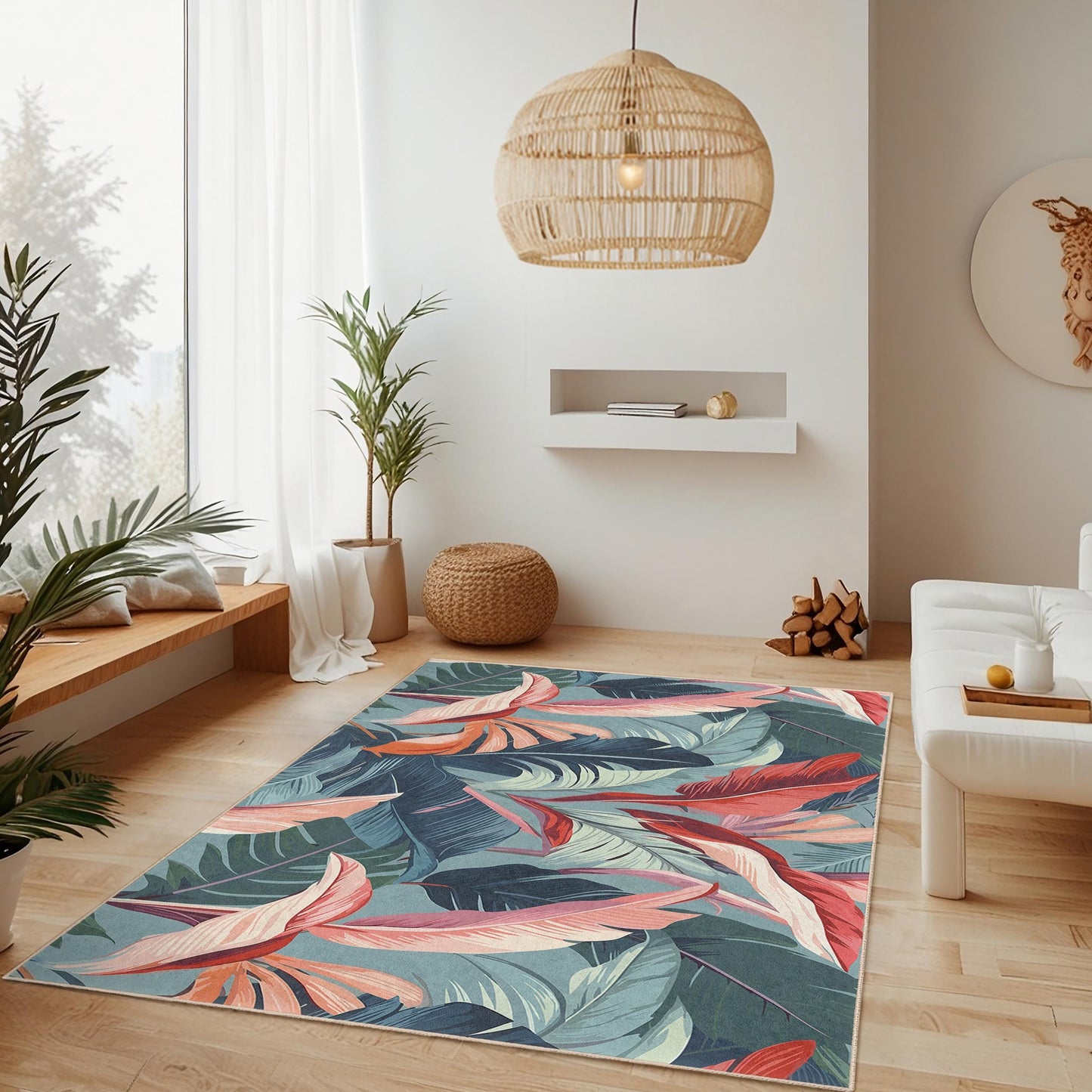 Tropical Leaves Patterned Rectangular Area Rug | Modern Floral Carpet | Boho Style Living Room Mat | Indoor Decorative Floor Covering
