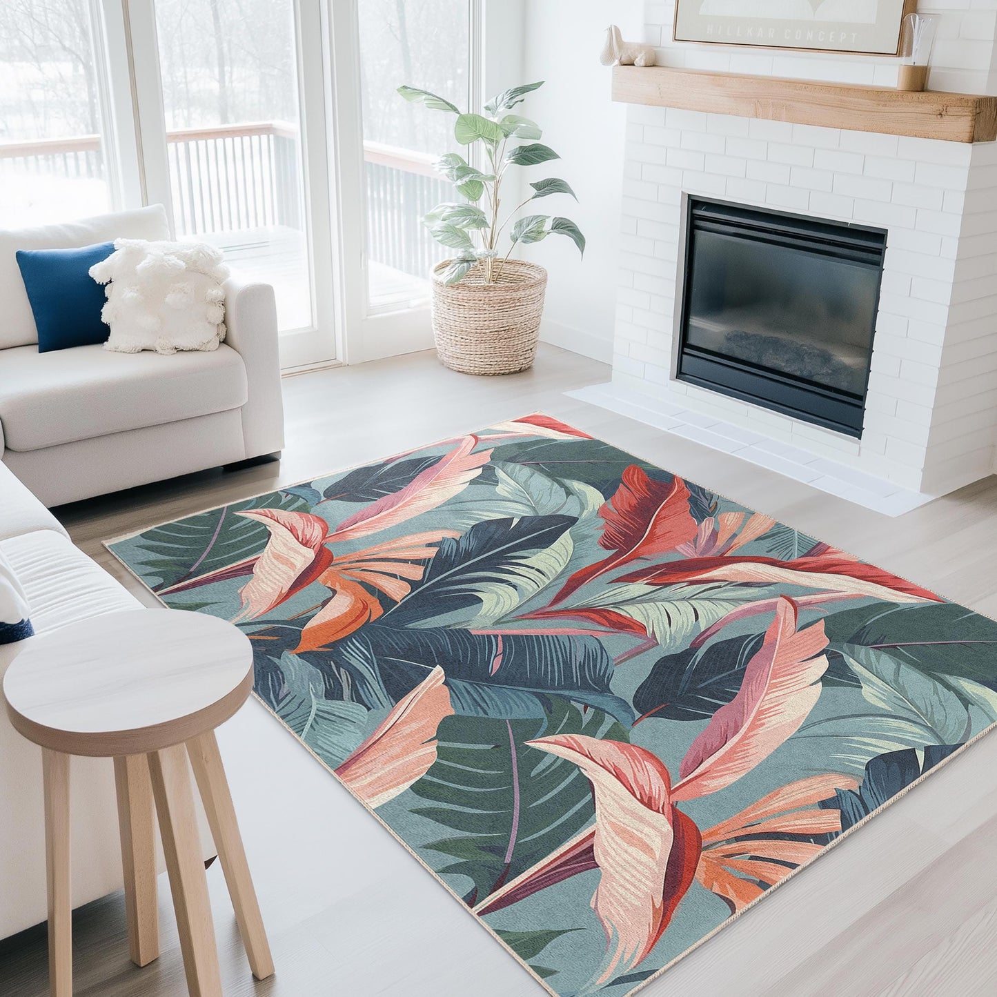 Tropical Leaves Patterned Rectangular Area Rug | Modern Floral Carpet | Boho Style Living Room Mat | Indoor Decorative Floor Covering