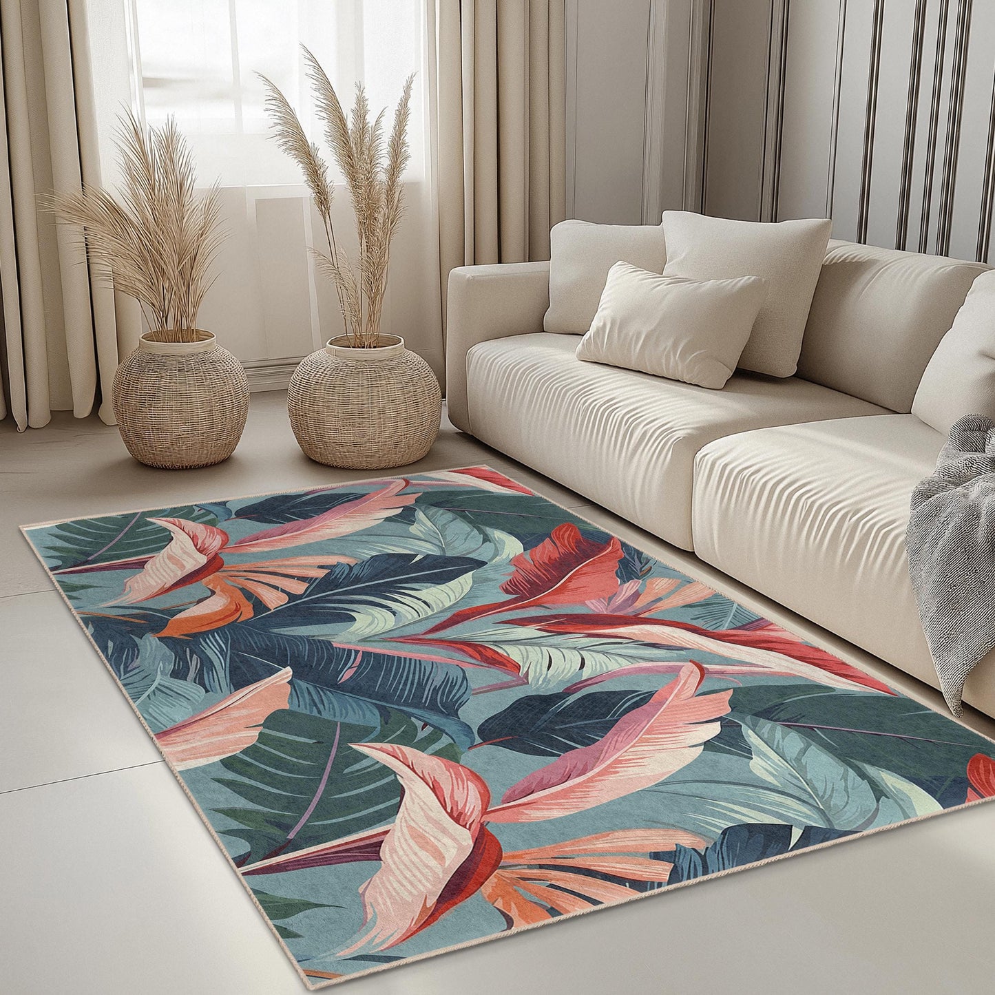 Tropical Leaves Patterned Rectangular Area Rug | Modern Floral Carpet | Boho Style Living Room Mat | Indoor Decorative Floor Covering