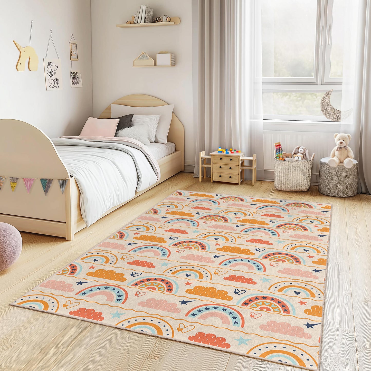 Rainbow Clouds Kids Rug: Soft Nursery Playroom Carpet