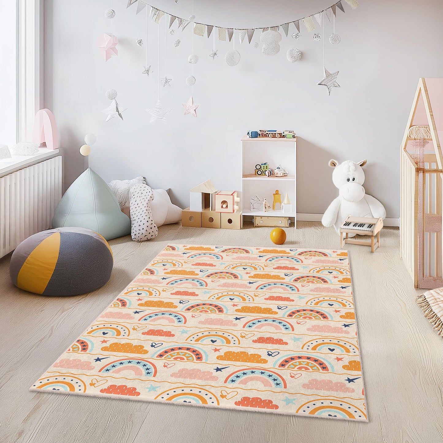 Rainbow Clouds Kids Rug: Soft Nursery Playroom Carpet
