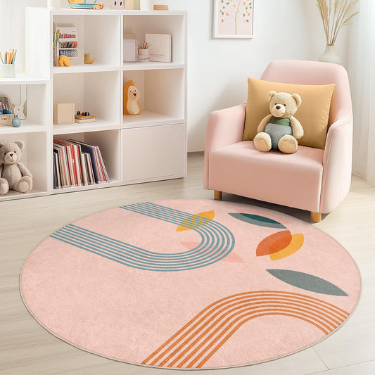 Colorful Leaf Pattern Round Kids Room Rug, Playful Circular Carpet for Nursery, Soft Round Mat for Childrens Room, Fun Home Decor