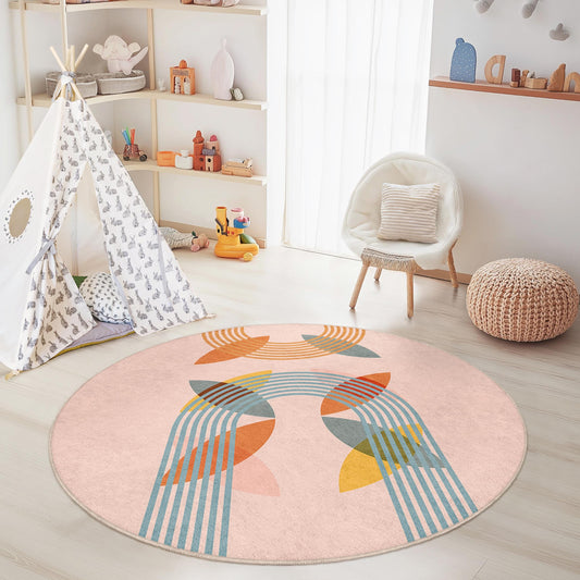 Colorful Rainbow Round Kids Play Rug, Modern Nursery Decor, Soft Area Rug for Playroom, Round Kids Room Carpet, Vibrant Design