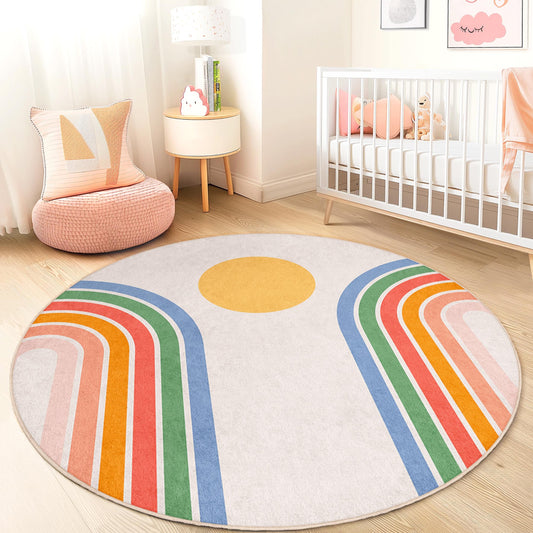 Colorful Rainbow Round Kids Rug, Vibrant Circle Carpet for Playroom, Soft Nursery Decor, Fun Round Area Rug, Kids Room Accessory